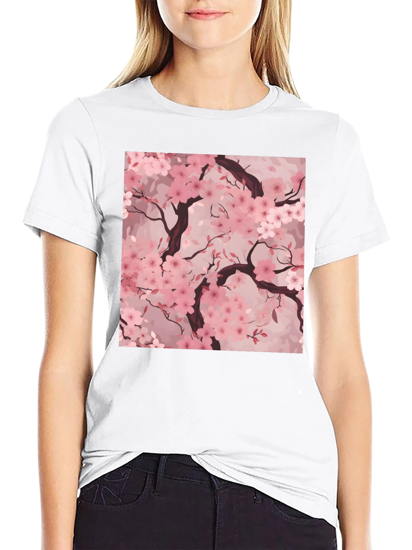 Sakura Blossom Graphic Tee - Black Cotton T-Shirt
