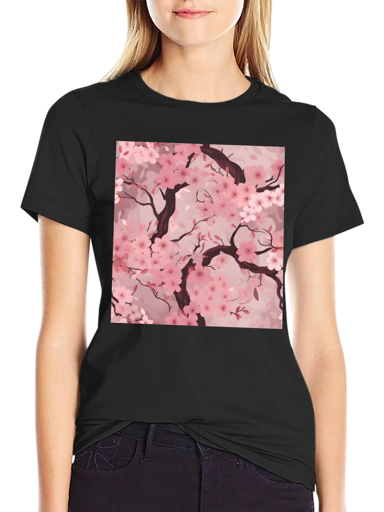 Sakura Blossom Graphic Tee - Black Cotton T-Shirt