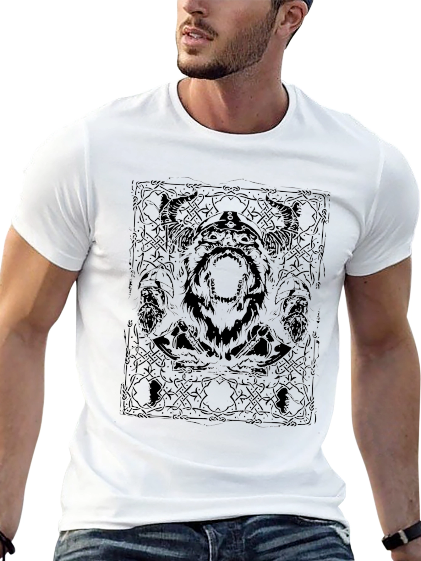 Viking Warrior Graphic Print Black T-Shirt
