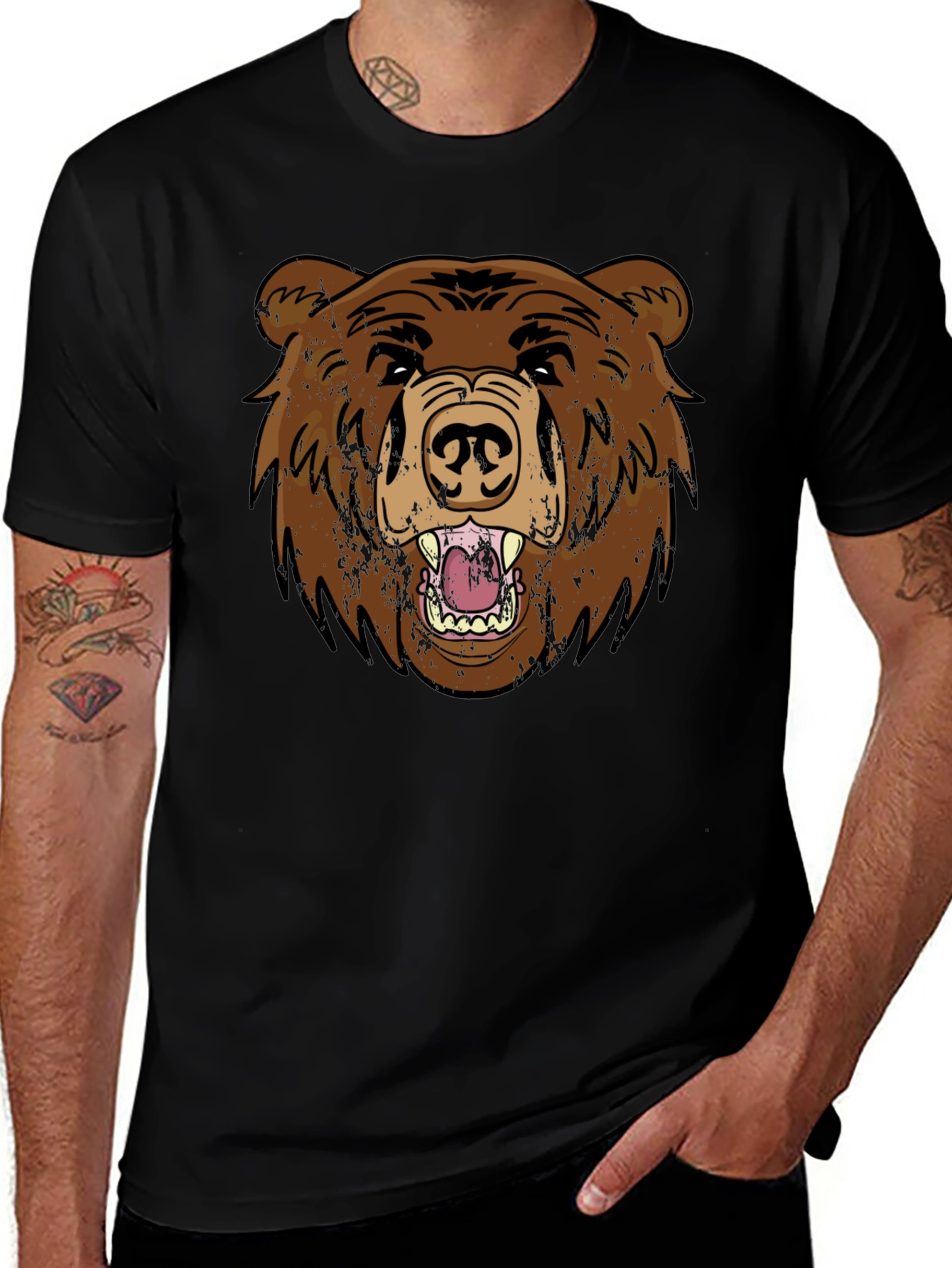 Grizzly Bear Graphic Tee - Black Cotton T-Shirt
