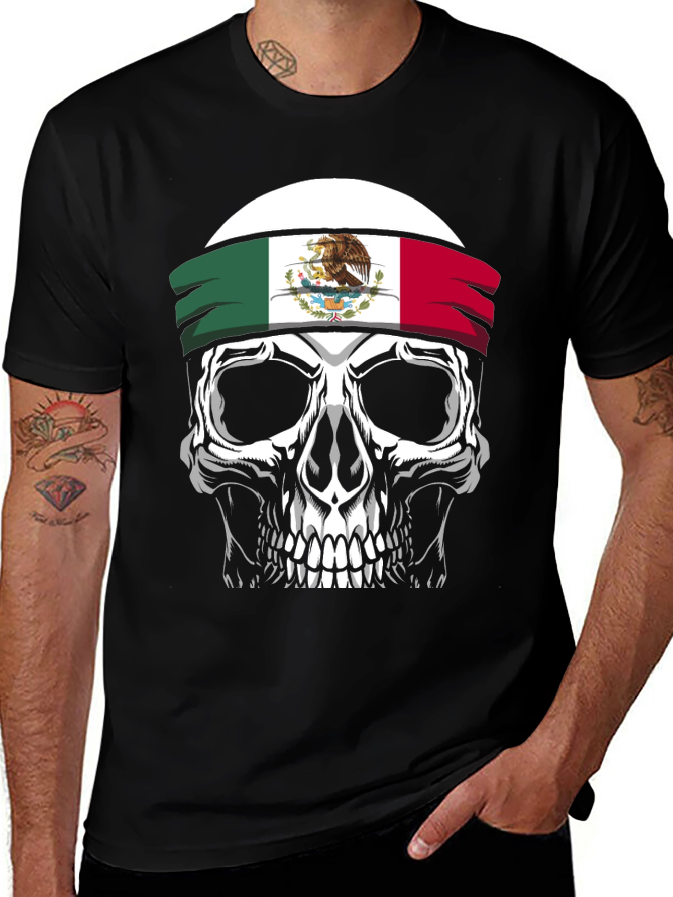 Mexican Flag Skull Graphic T-Shirt - Black