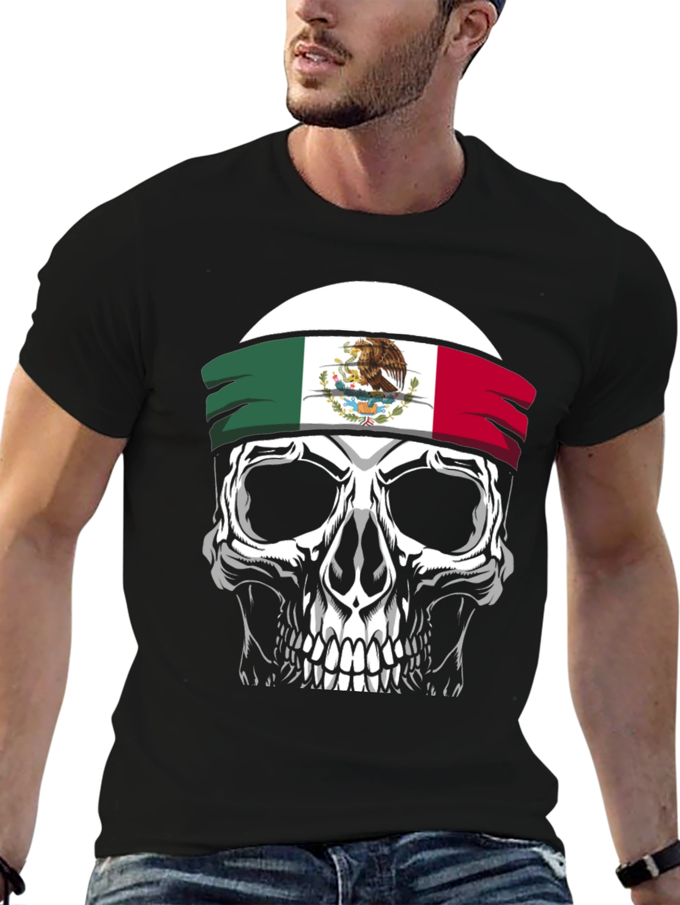 Mexican Flag Skull Graphic T-Shirt - Black