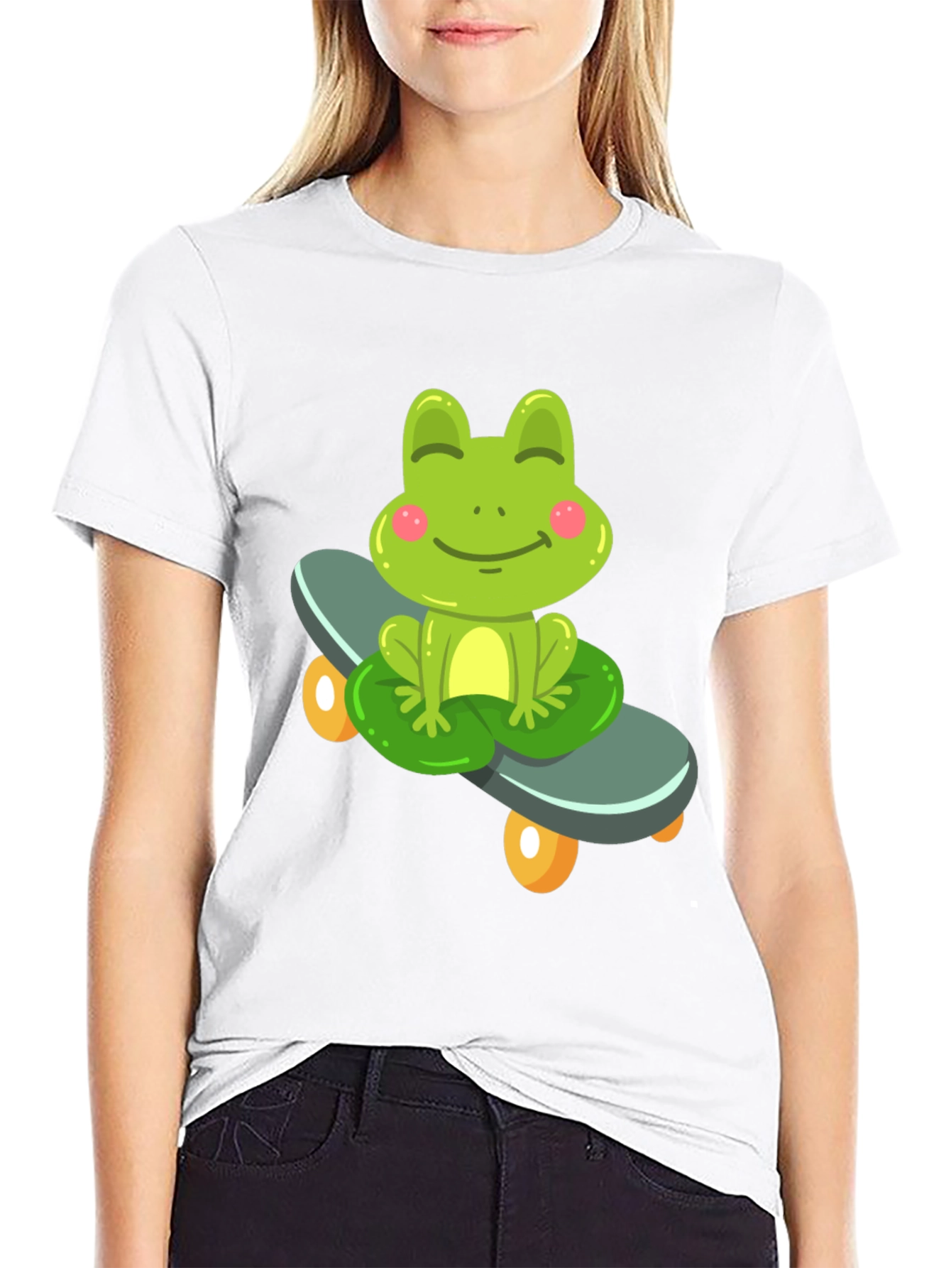 Cute Frog on Skateboard Black T-Shirt