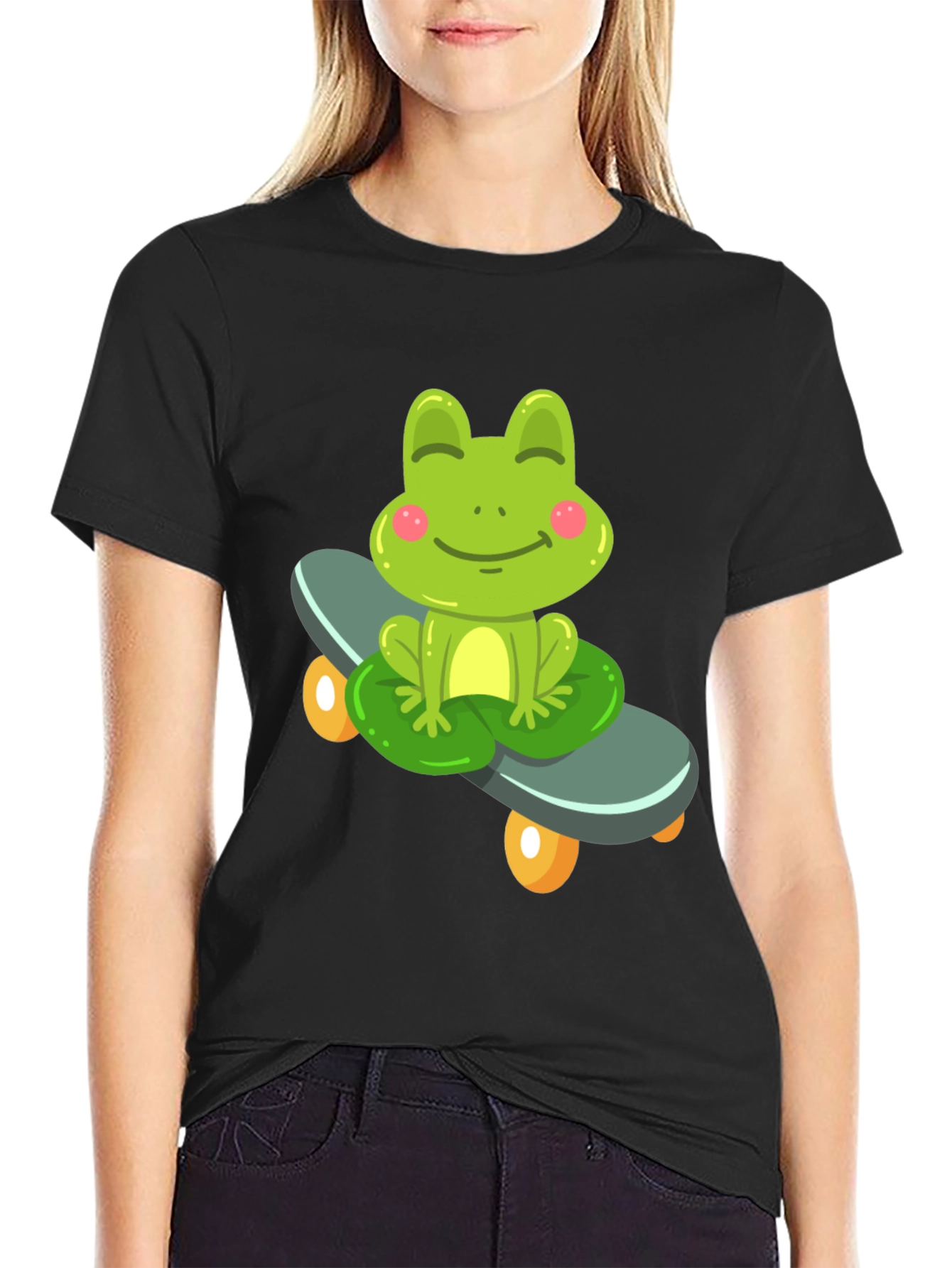 Cute Frog on Skateboard Black T-Shirt