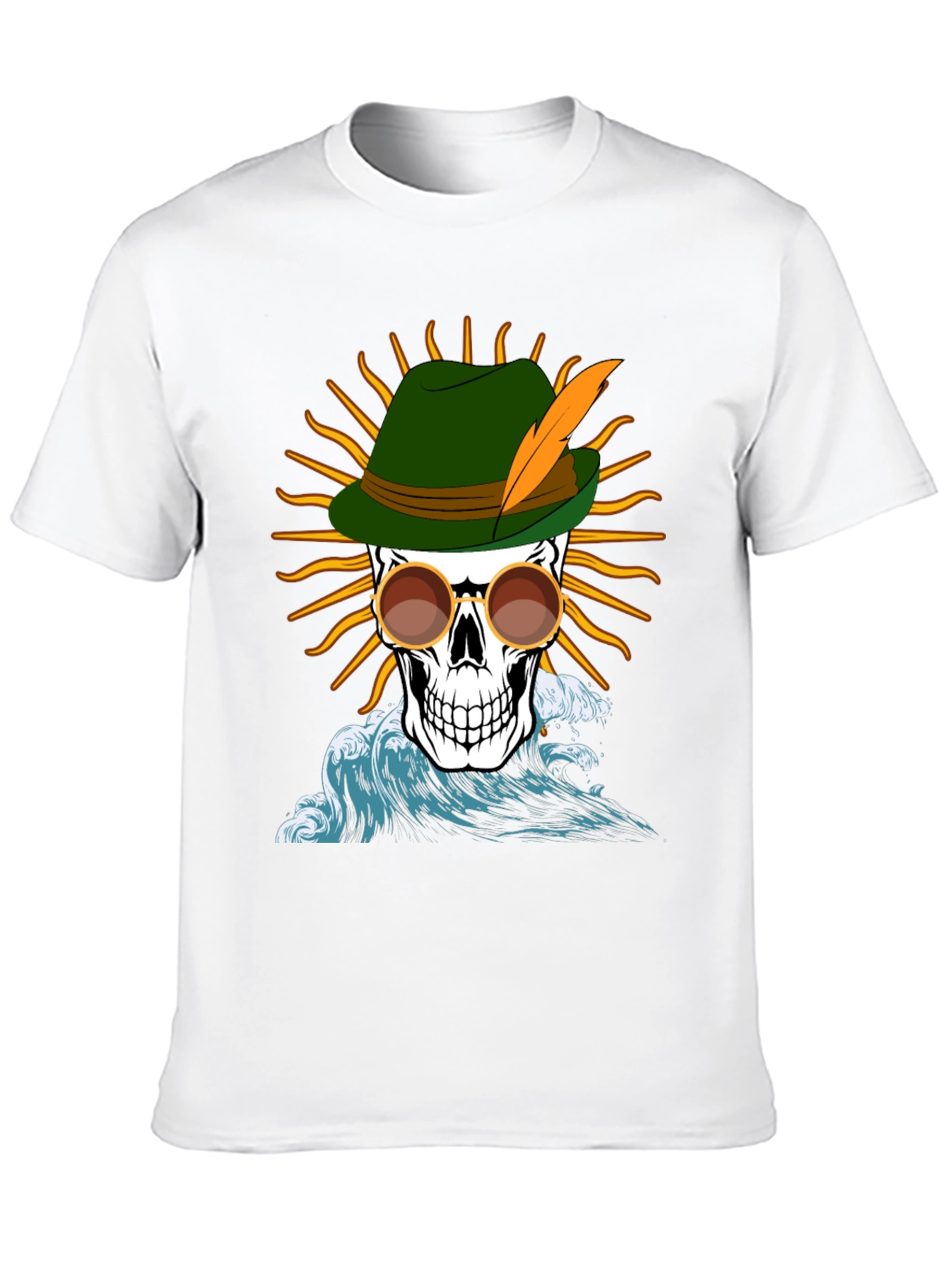 Skull T-Shirt: Bavarian Hat Sun & Waves Graphic Tee