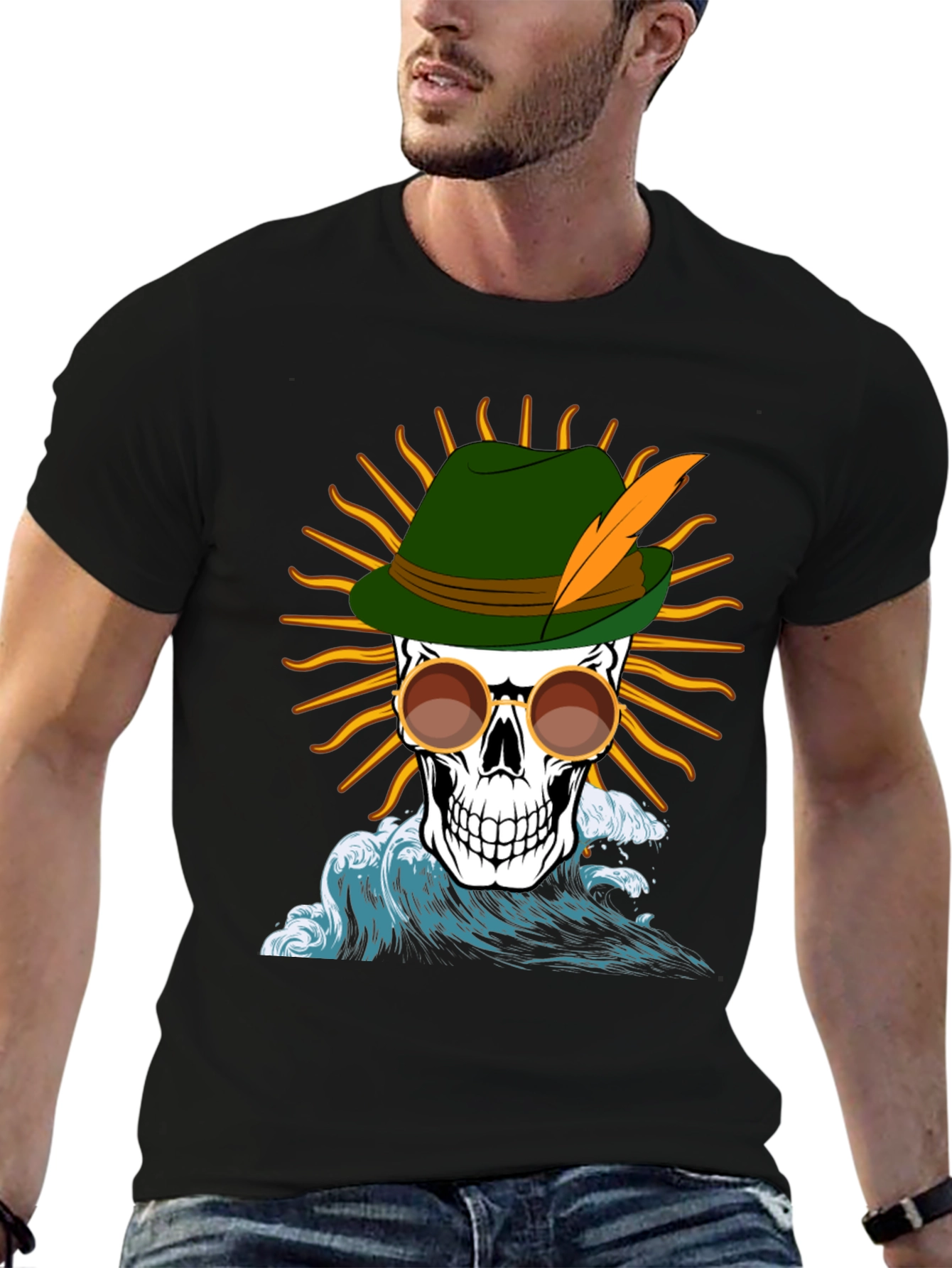 Skull T-Shirt: Bavarian Hat Sun & Waves Graphic Tee