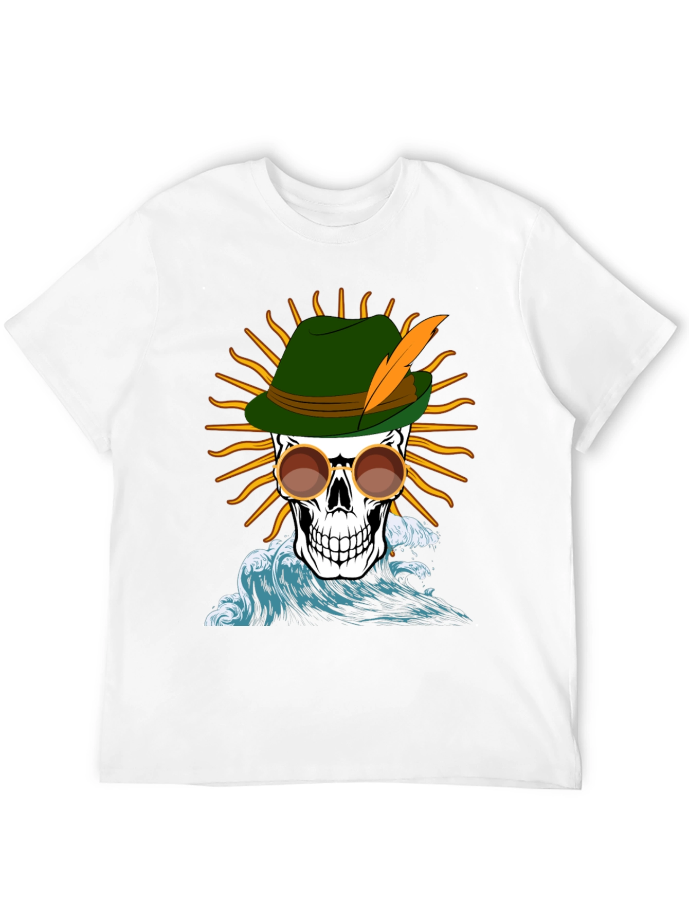 Skull T-Shirt: Bavarian Hat Sun & Waves Graphic Tee