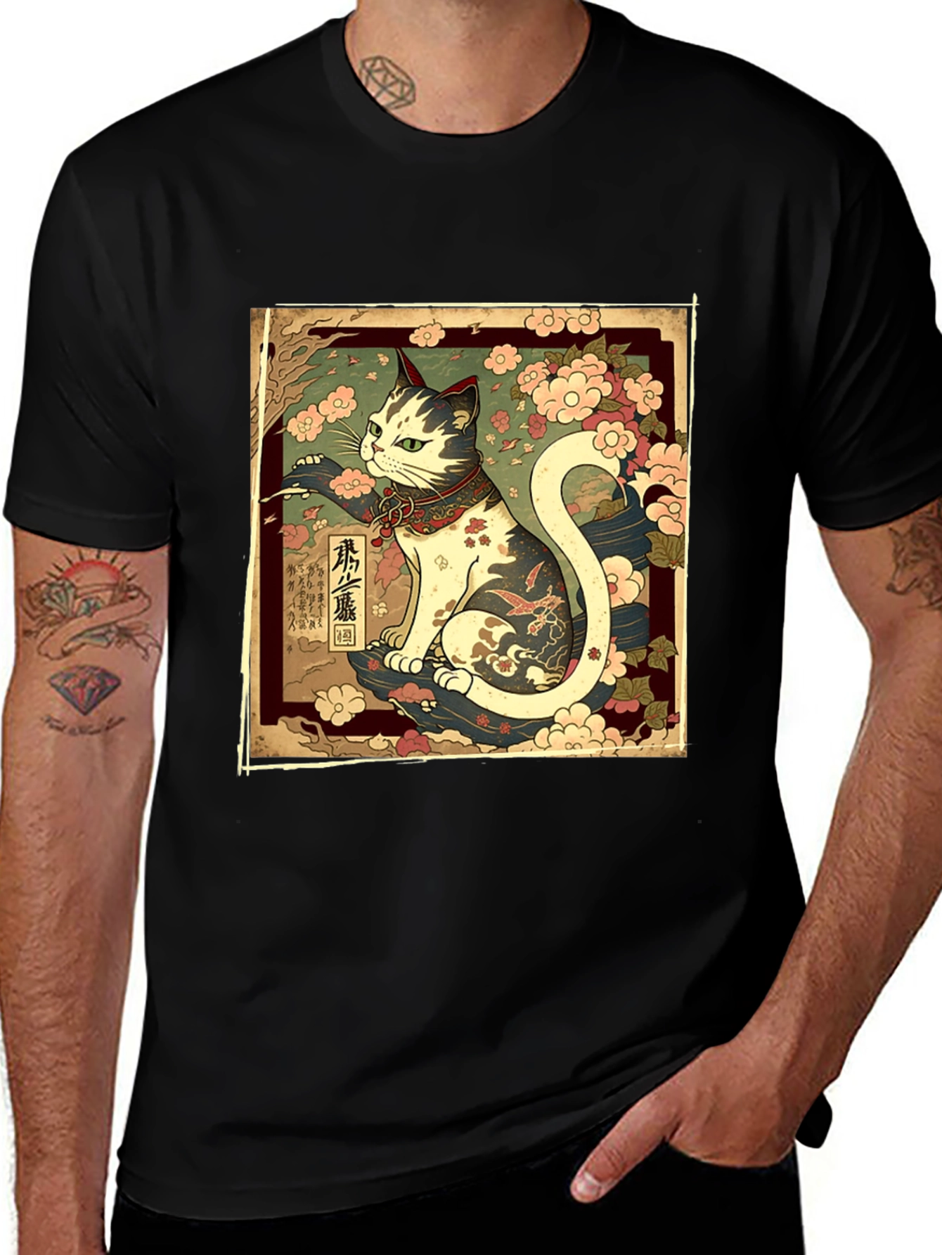 Japanese Cat Graphic Tee - Stylish Black T-Shirt