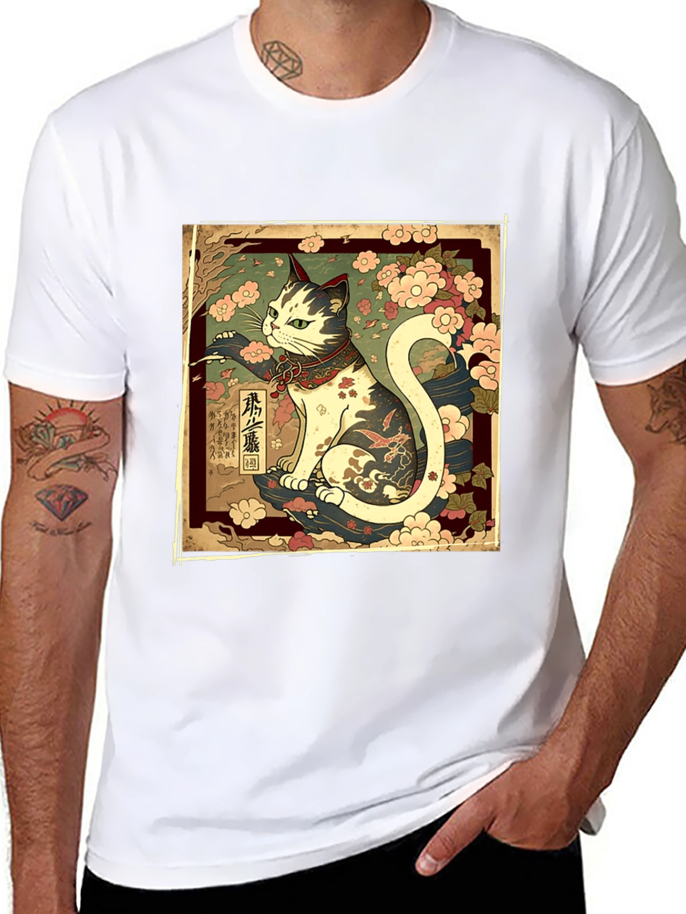 Japanese Cat Graphic Tee - Stylish Black T-Shirt