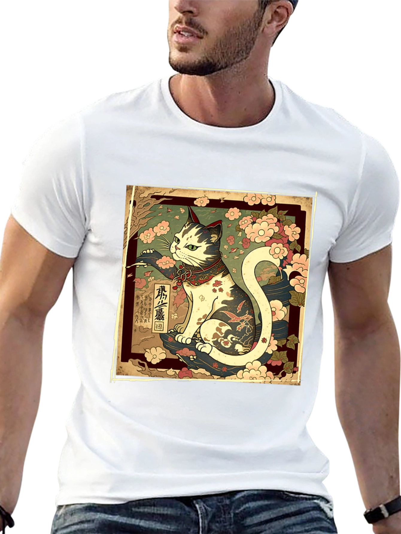 Japanese Cat Graphic Tee - Stylish Black T-Shirt