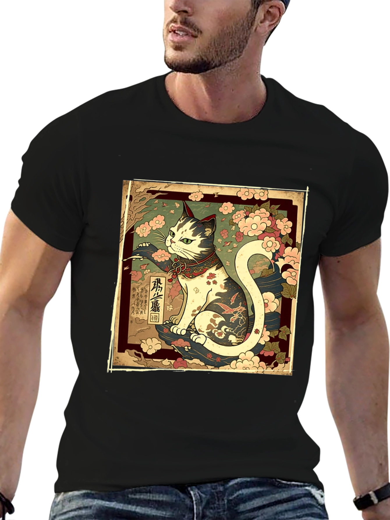 Japanese Cat Graphic Tee - Stylish Black T-Shirt
