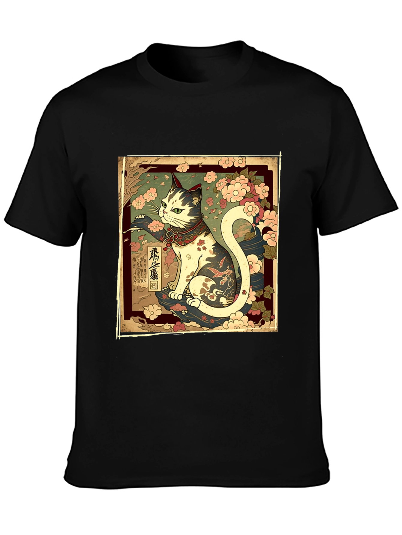 Japanese Cat Graphic Tee - Stylish Black T-Shirt
