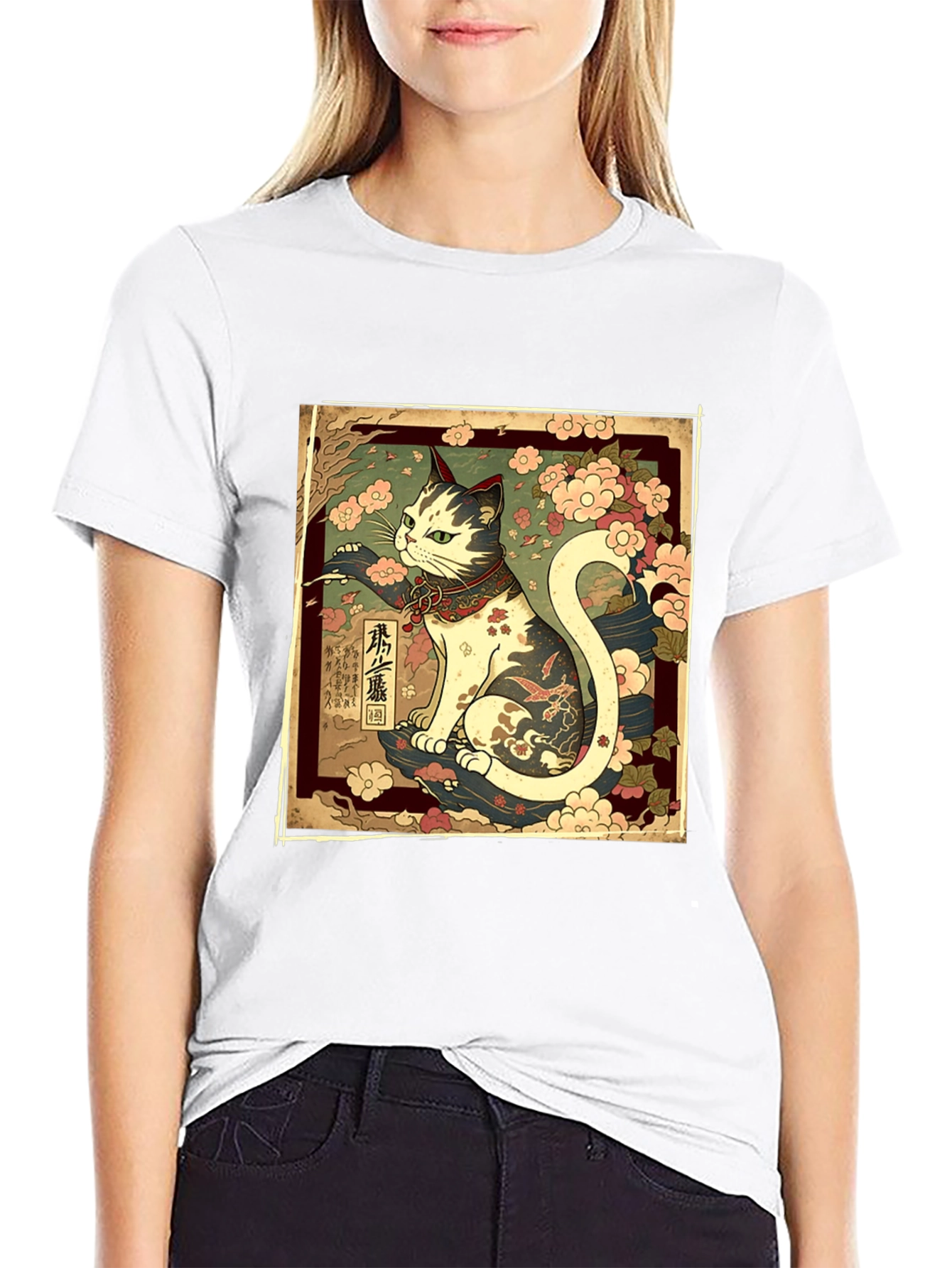 Japanese Cat Graphic Tee - Stylish Black T-Shirt
