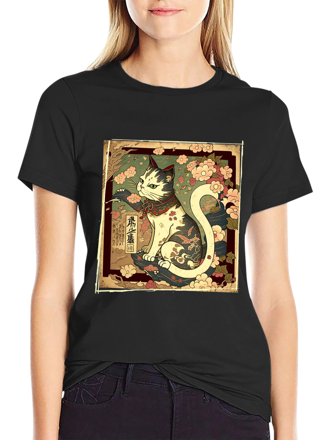 Japanese Cat Graphic Tee - Stylish Black T-Shirt