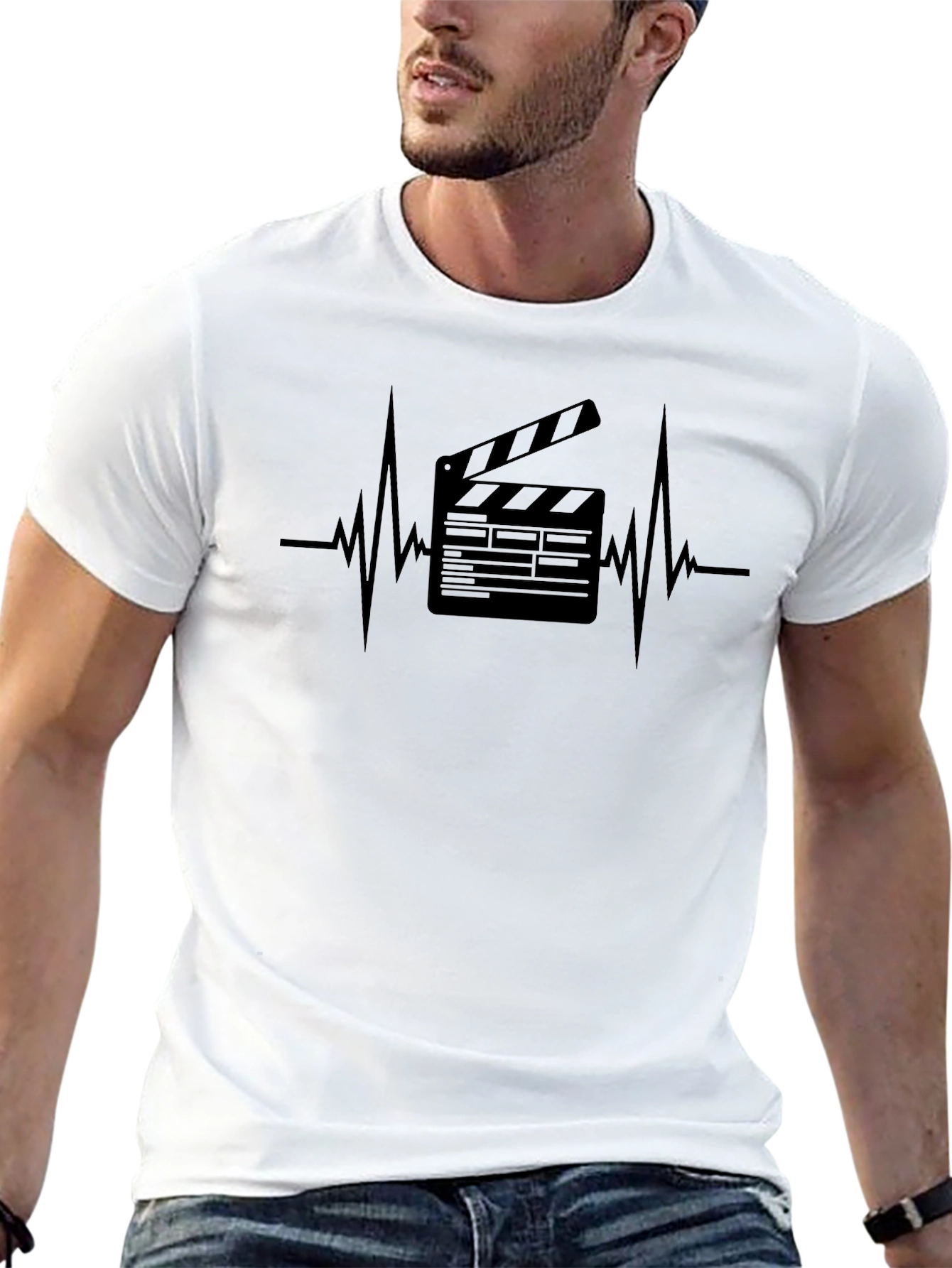 Movie Lovers Black T-Shirt with Heartbeat Clapper Design