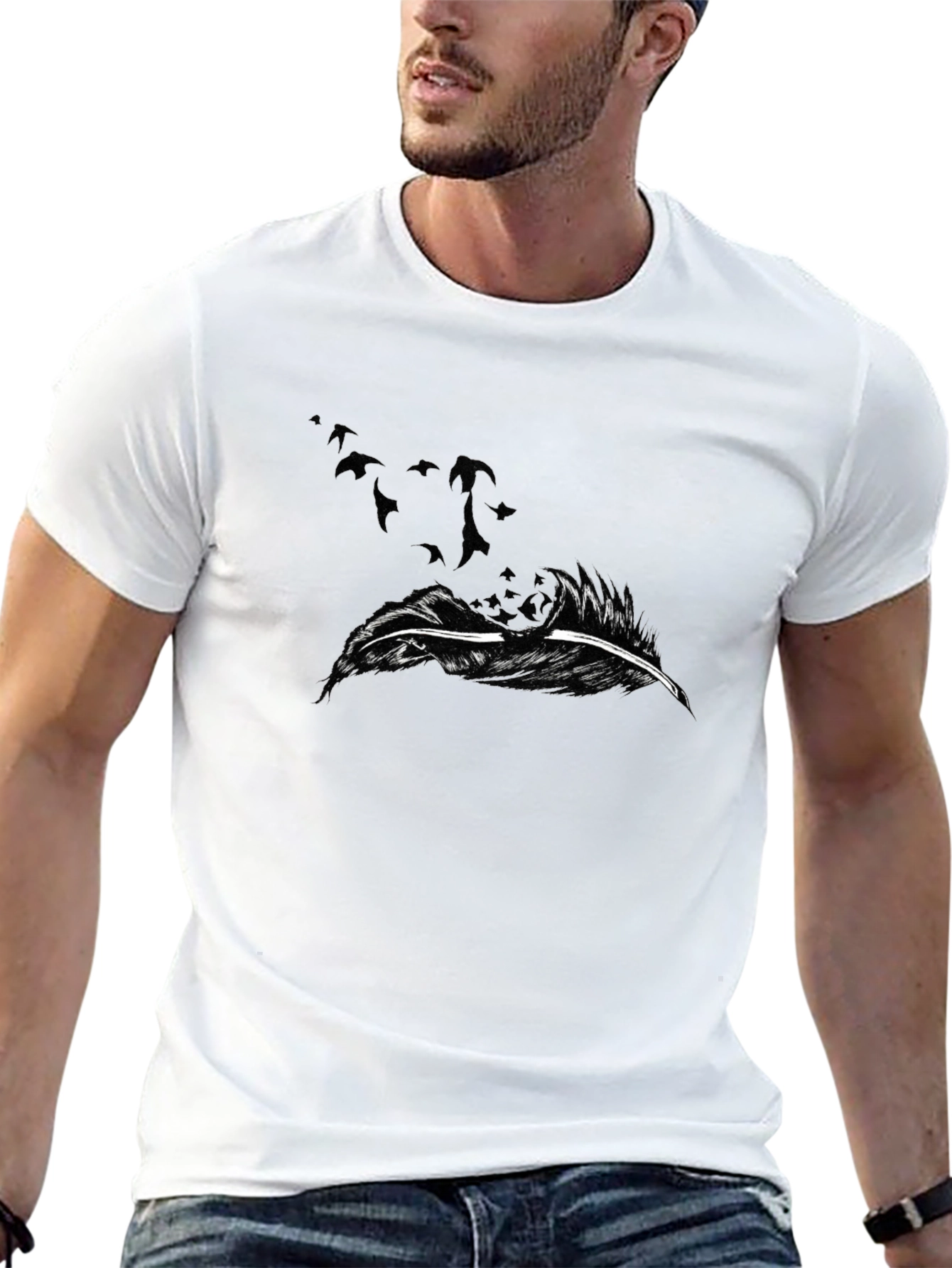 Black Feather Flock Tee - Stylish Graphic Print T-Shirt