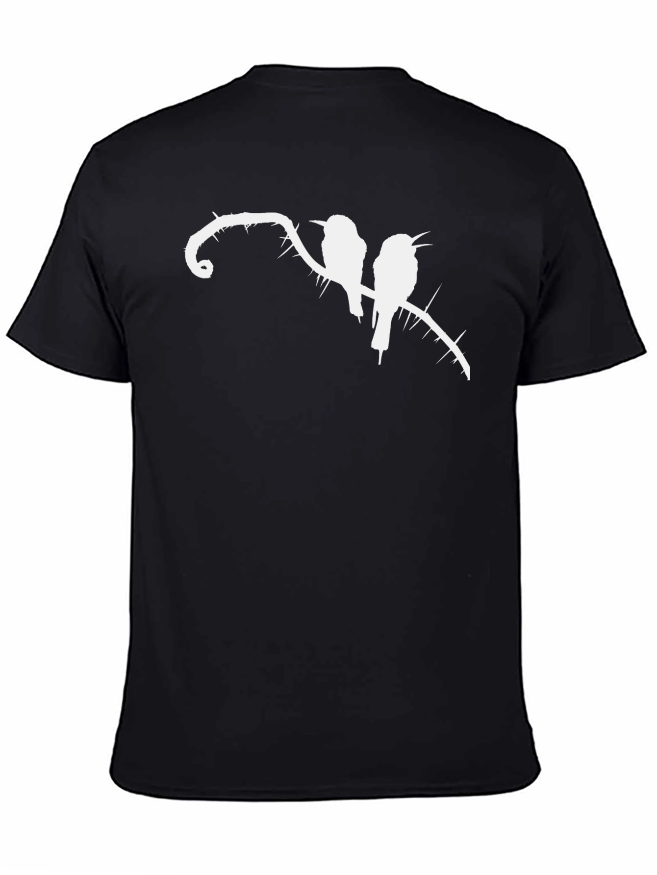 Black T-Shirt with Birds on Thorny Branch Graphic