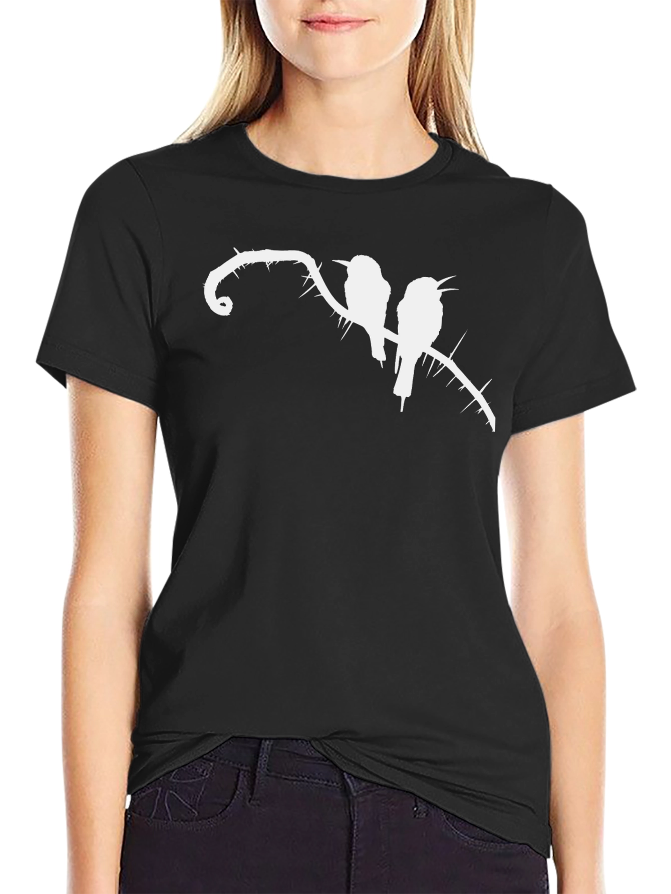 Black T-Shirt with Birds on Thorny Branch Graphic