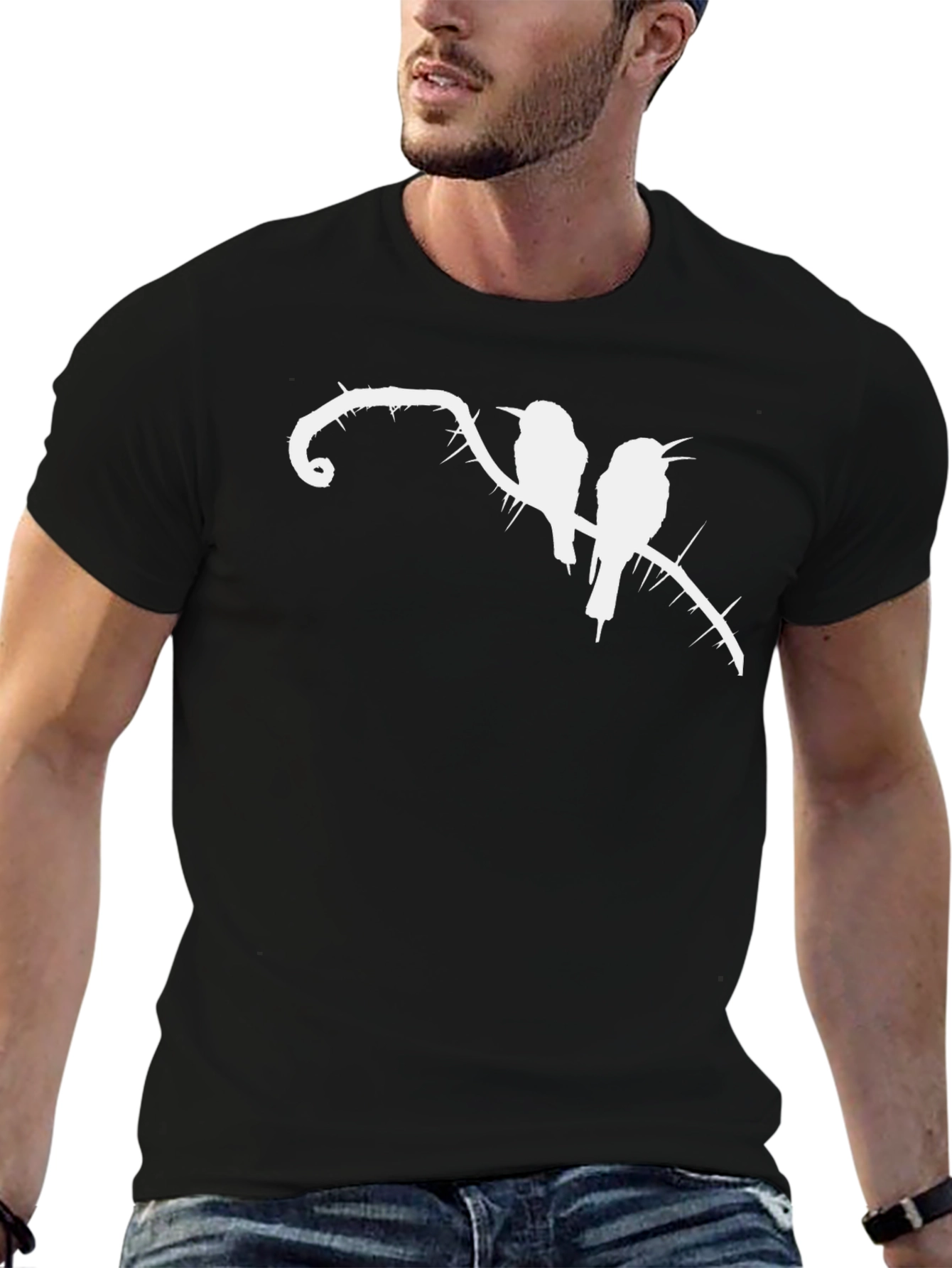 Black T-Shirt with Birds on Thorny Branch Graphic