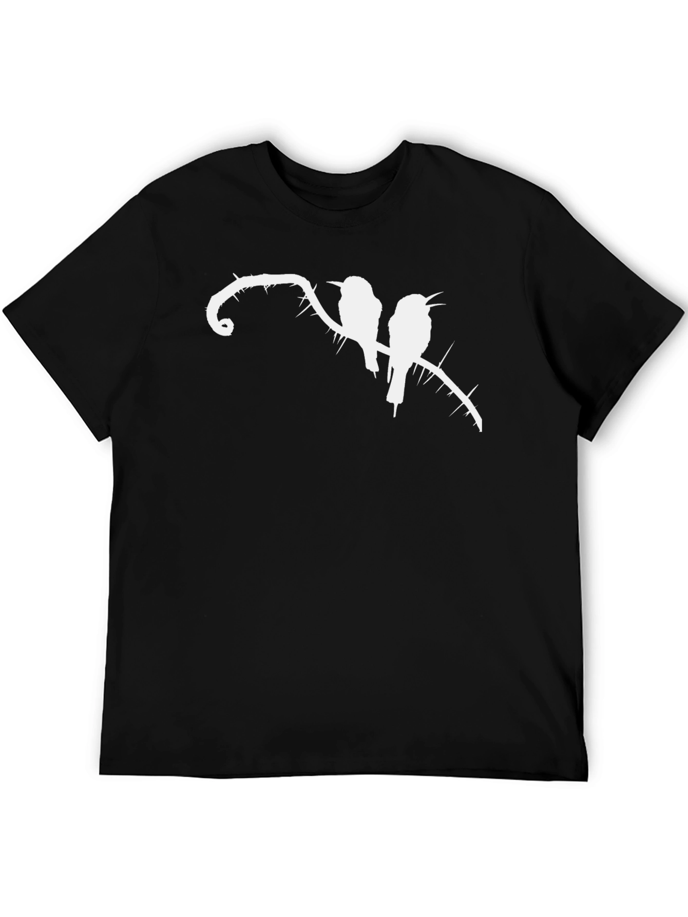 Black T-Shirt with Birds on Thorny Branch Graphic