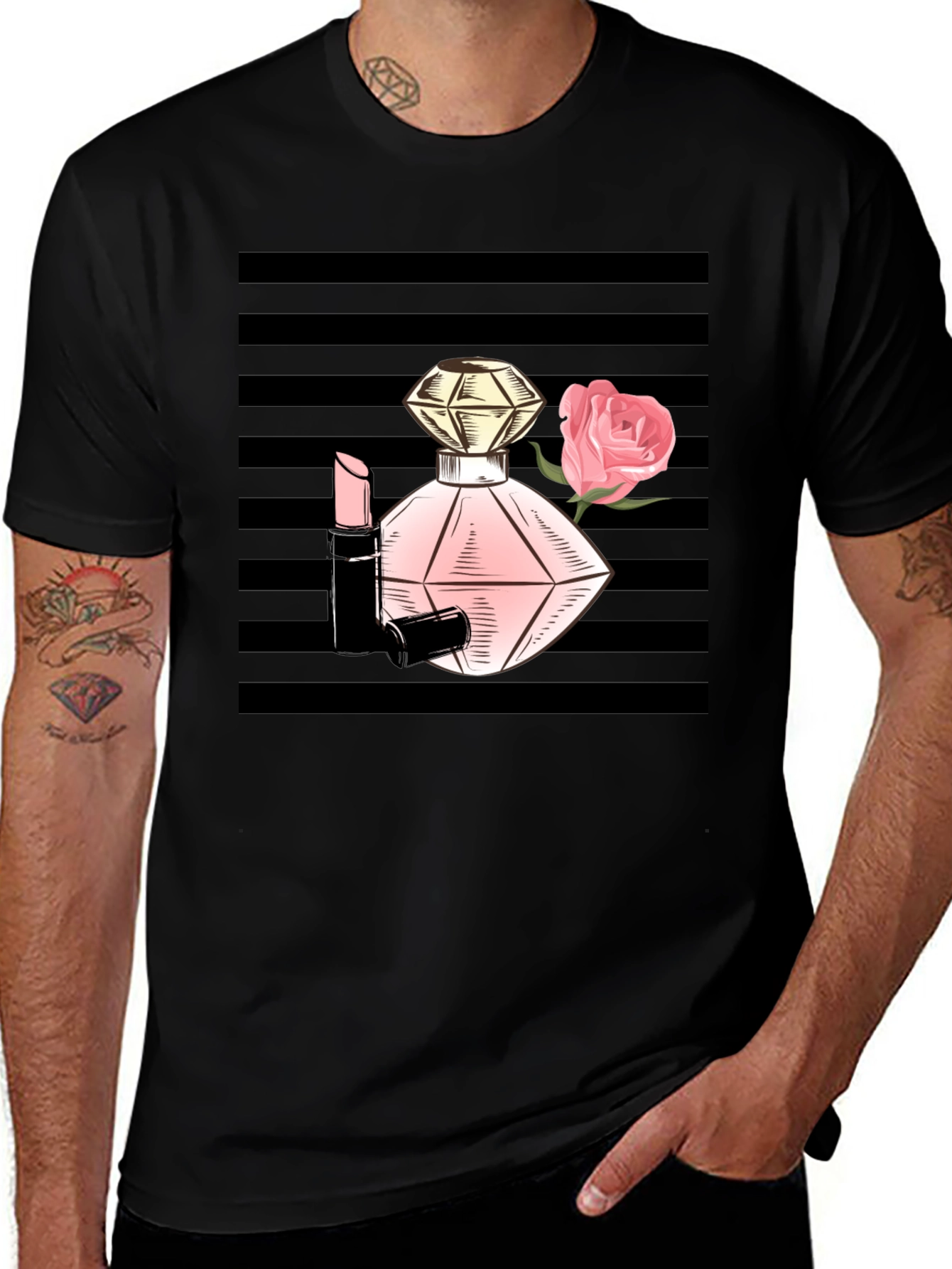 Stylish Black T-Shirt with Perfume & Rose Graphic