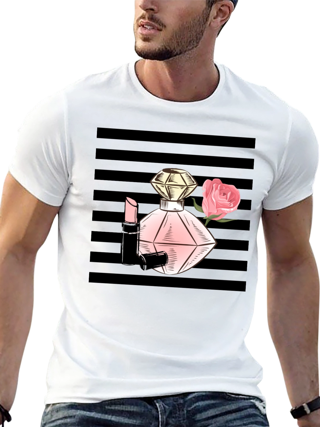 Stylish Black T-Shirt with Perfume & Rose Graphic
