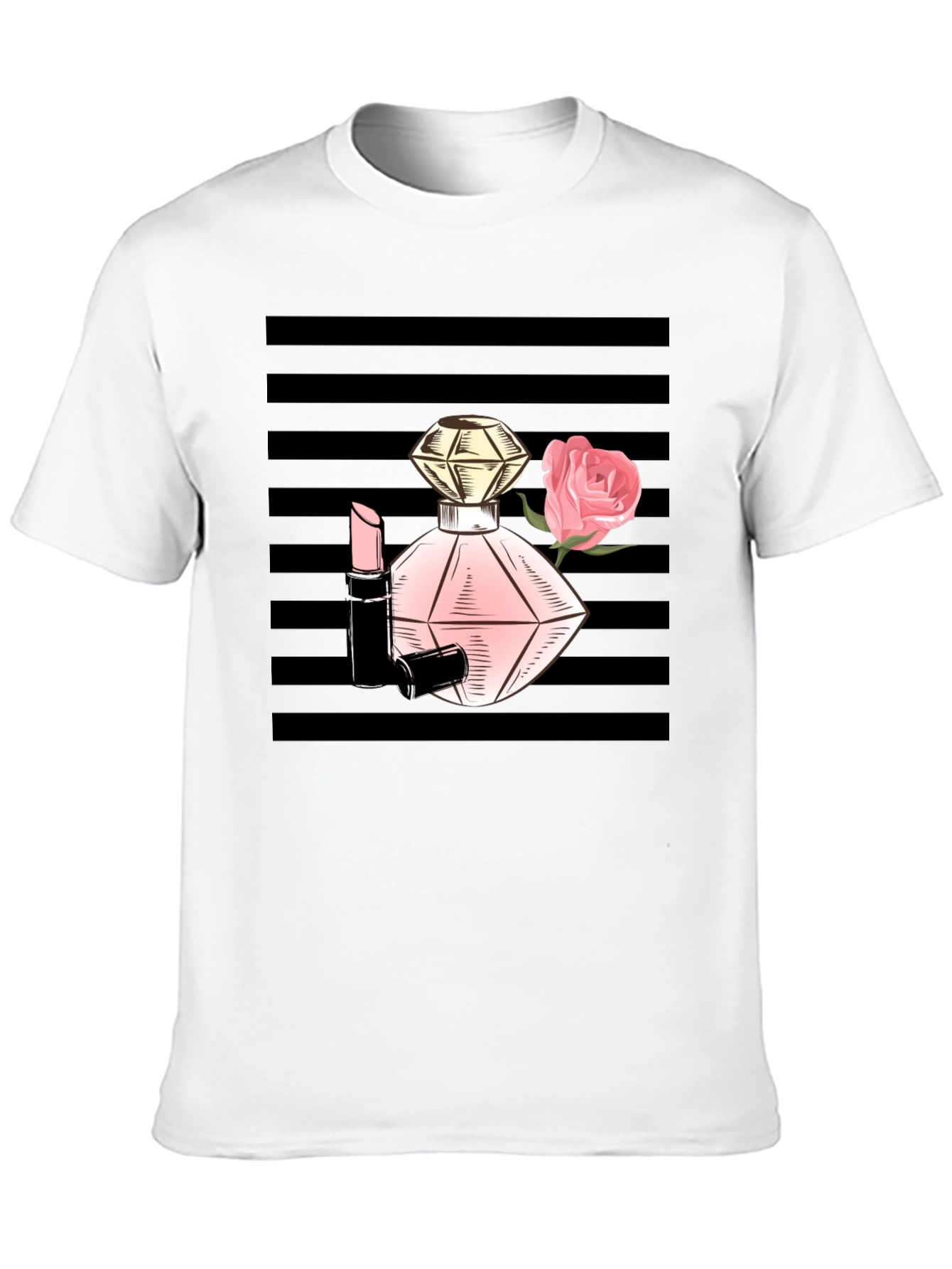 Stylish Black T-Shirt with Perfume & Rose Graphic