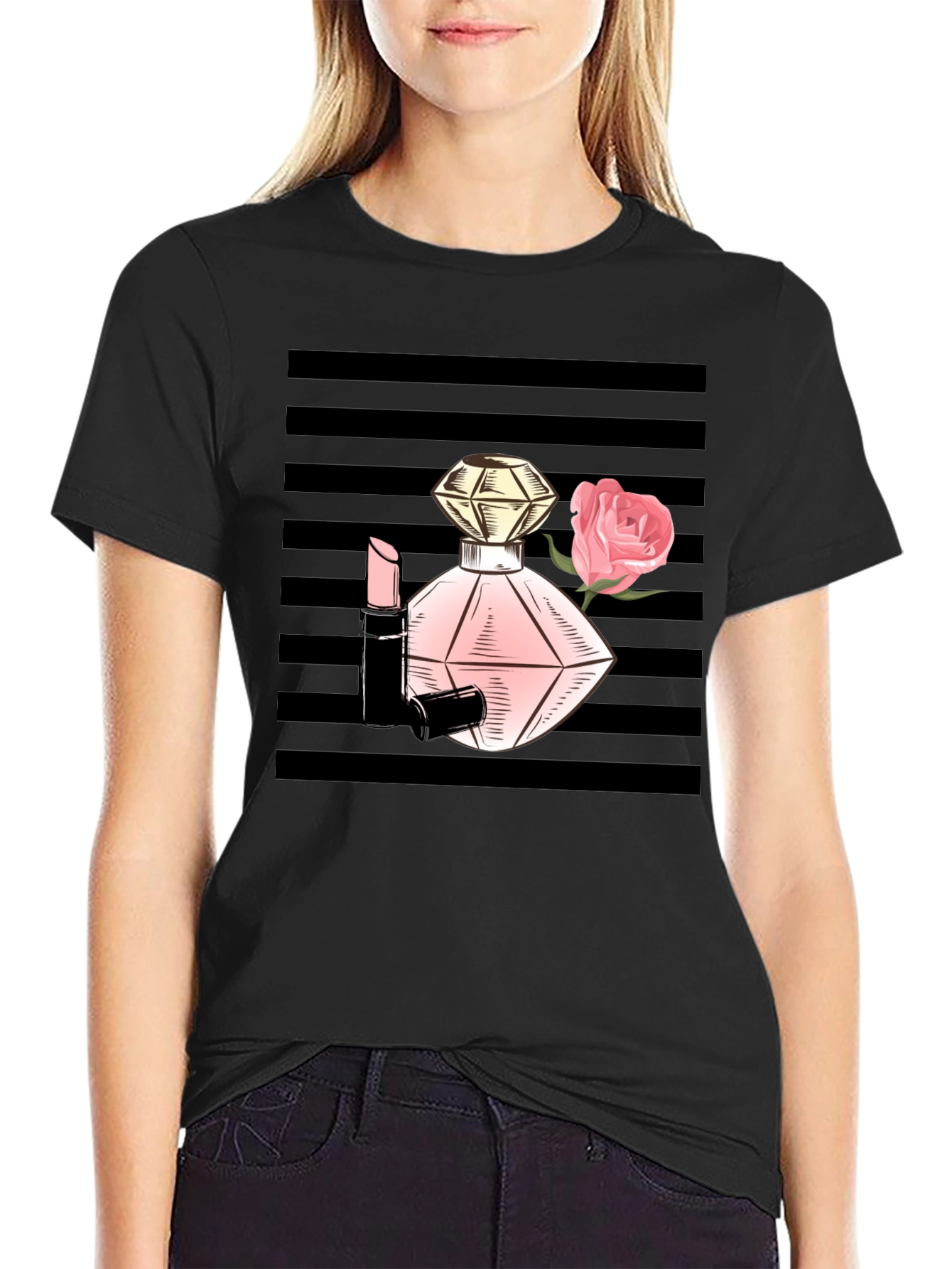 Stylish Black T-Shirt with Perfume & Rose Graphic