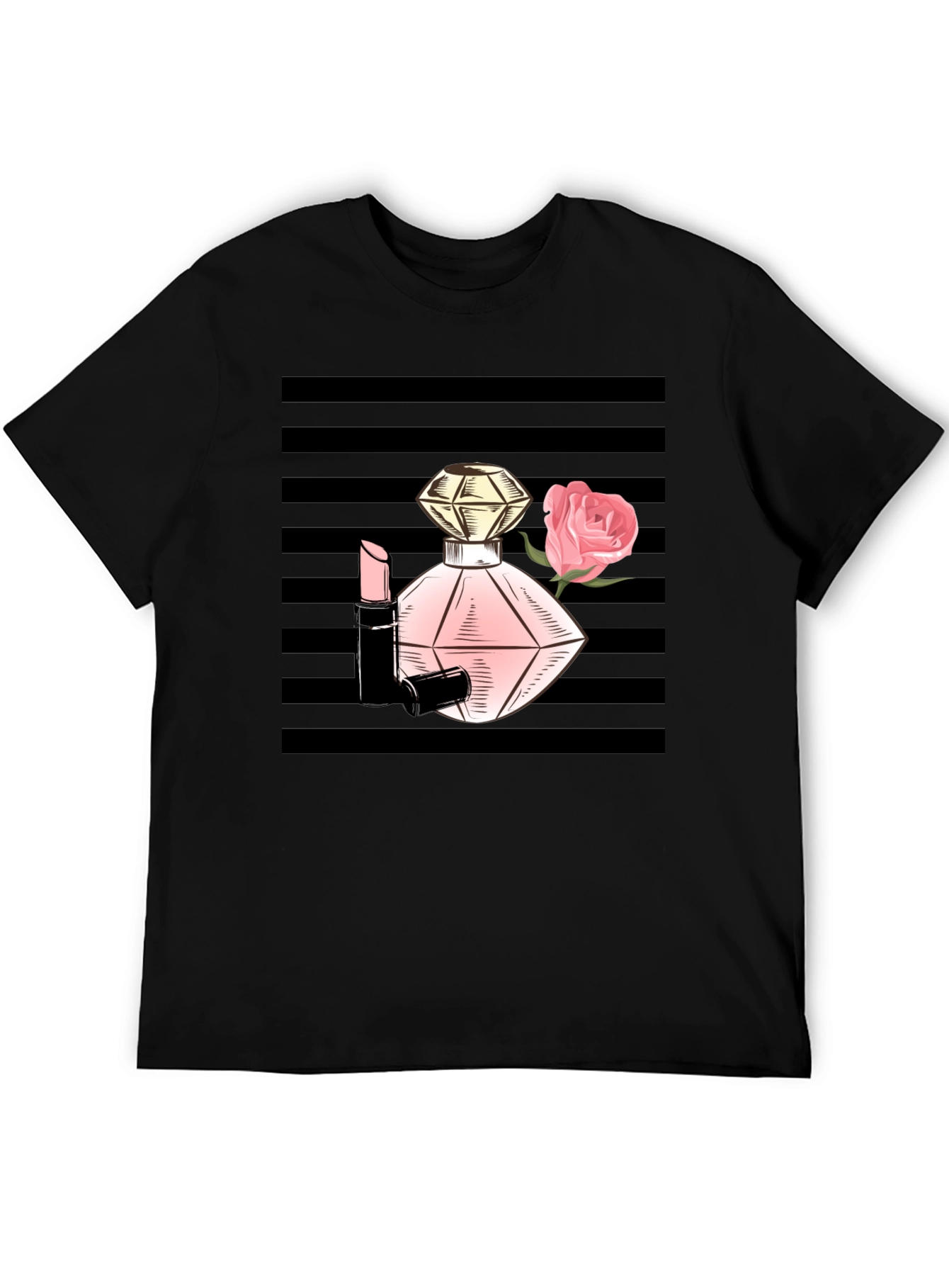Stylish Black T-Shirt with Perfume & Rose Graphic