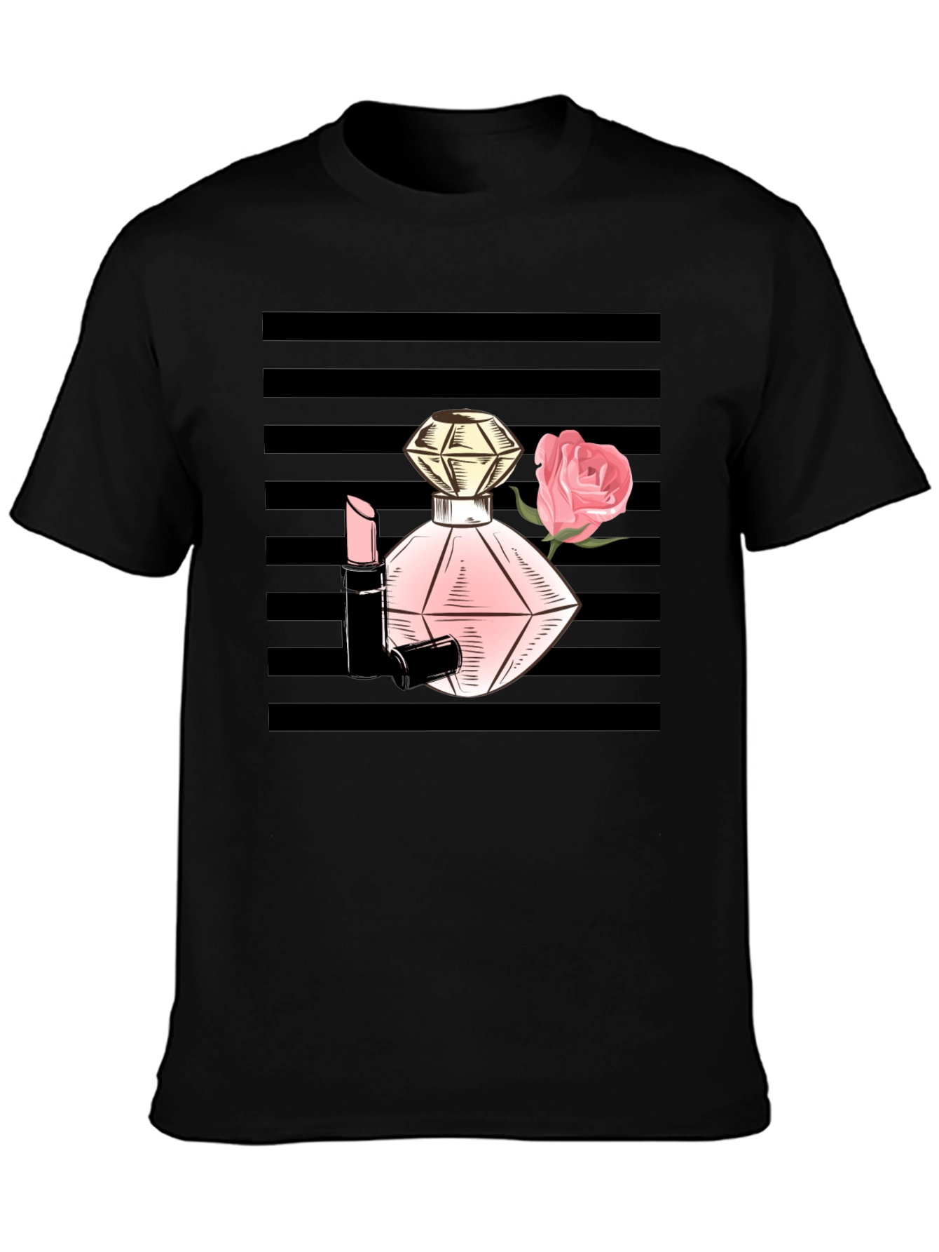Stylish Black T-Shirt with Perfume & Rose Graphic
