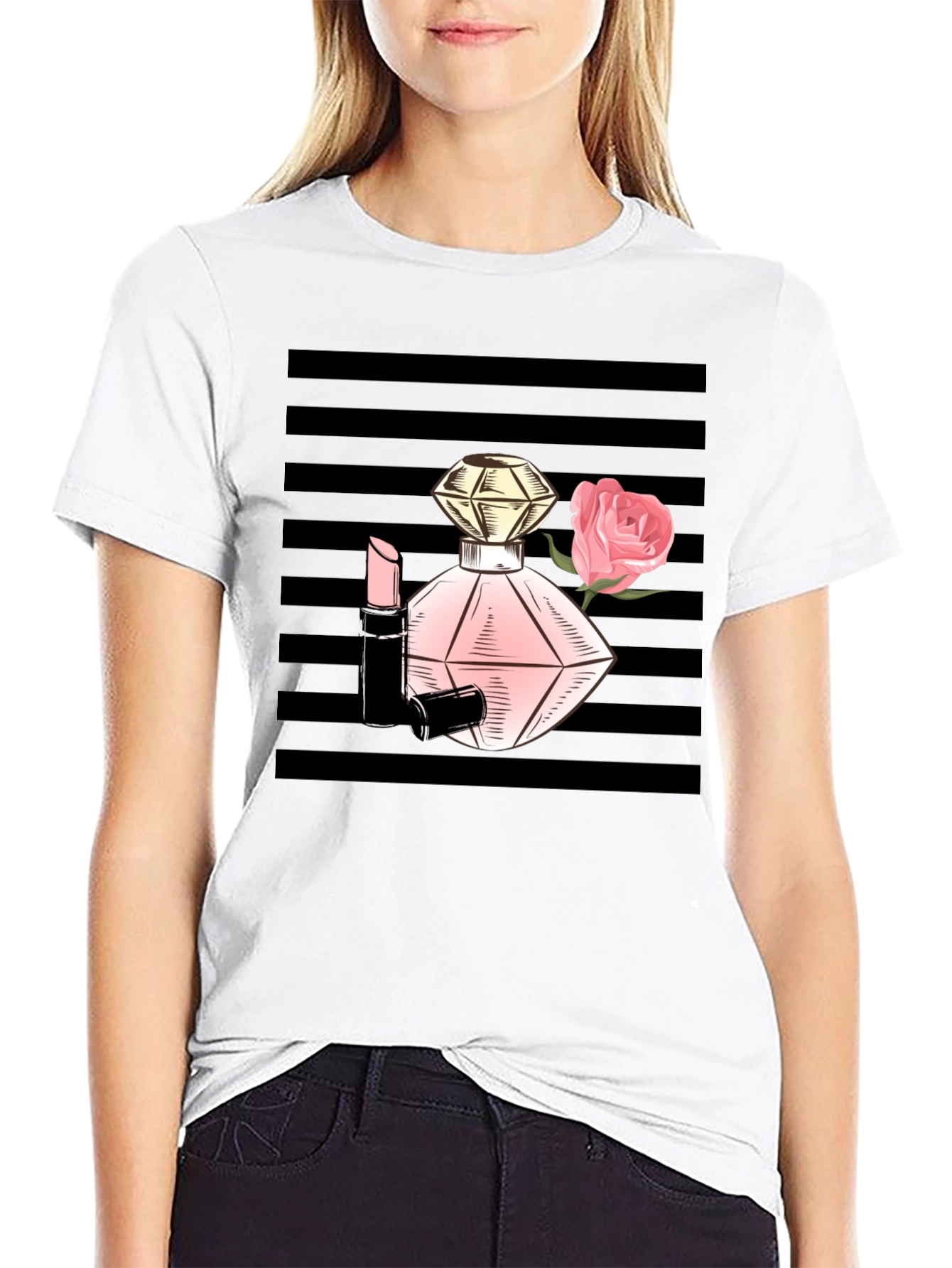 Stylish Black T-Shirt with Perfume & Rose Graphic