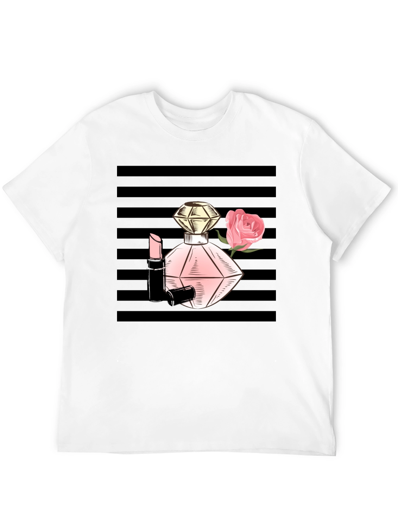 Stylish Black T-Shirt with Perfume & Rose Graphic