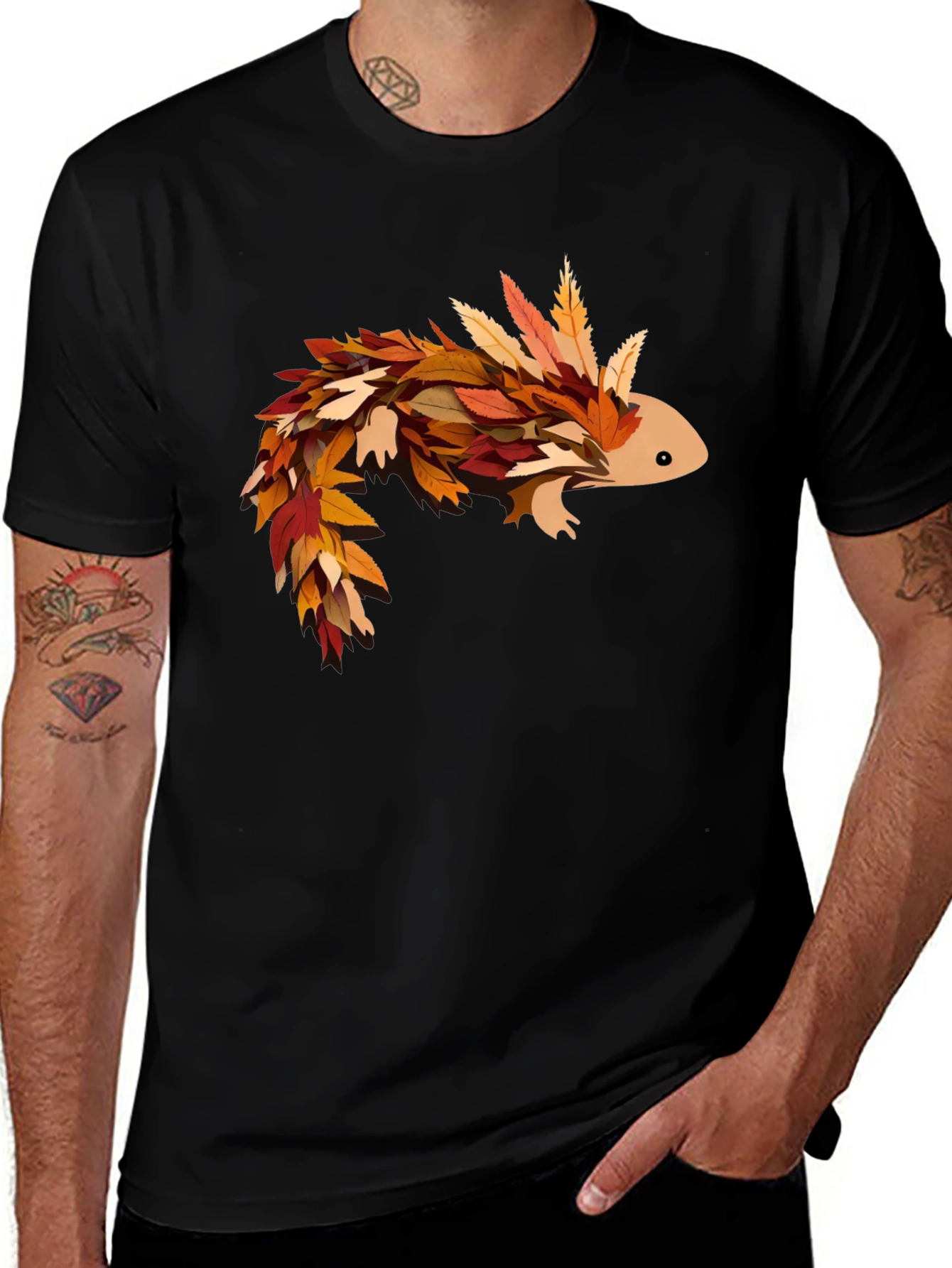 Autumn Axolotl T-Shirt - Fall Leaves Design