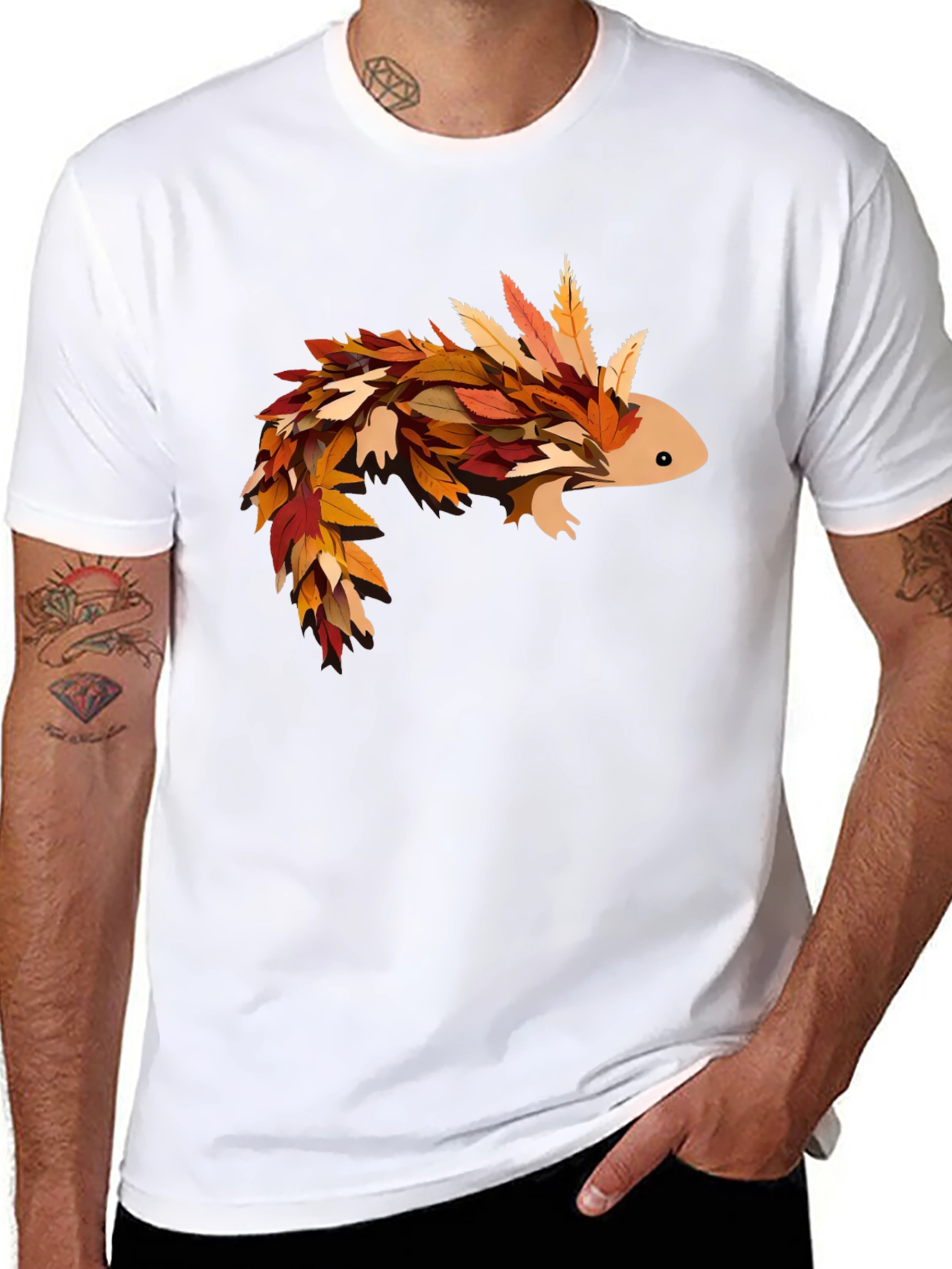 Autumn Axolotl T-Shirt - Fall Leaves Design