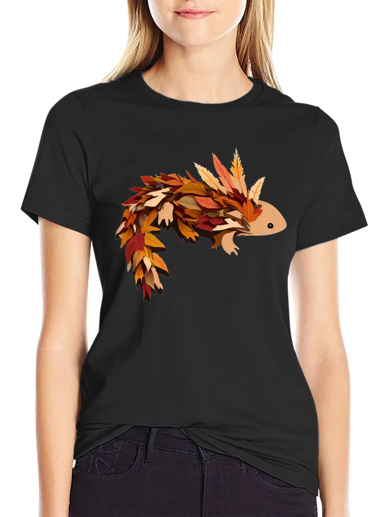 Autumn Axolotl T-Shirt - Fall Leaves Design
