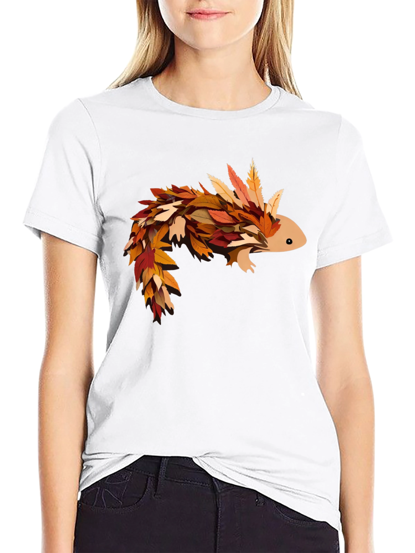Autumn Axolotl T-Shirt - Fall Leaves Design