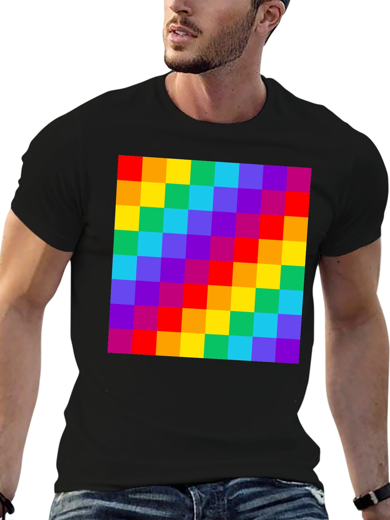 Rainbow Grid Graphic Tee - Vibrant Checkered Pattern