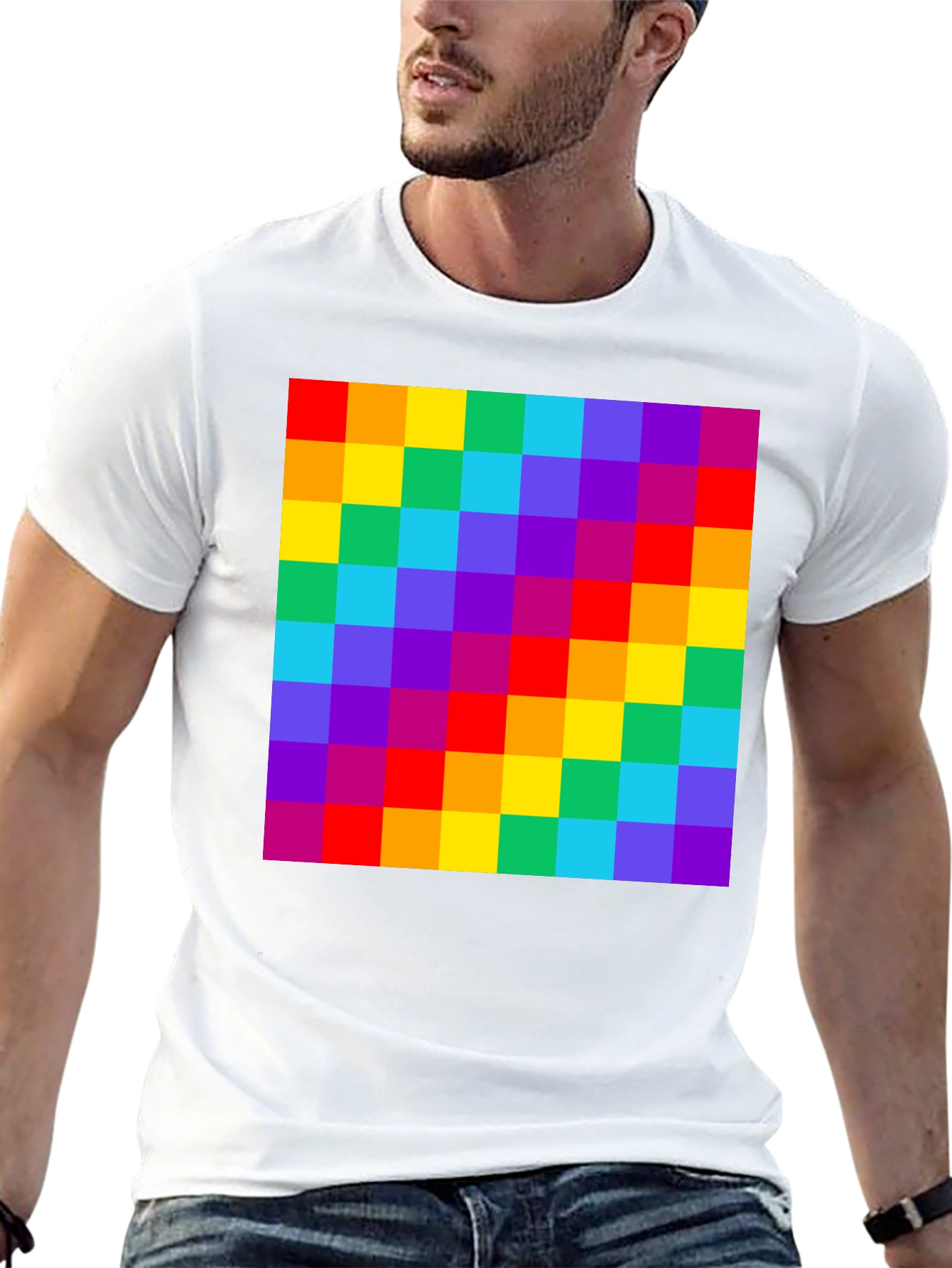 Rainbow Grid Graphic Tee - Vibrant Checkered Pattern