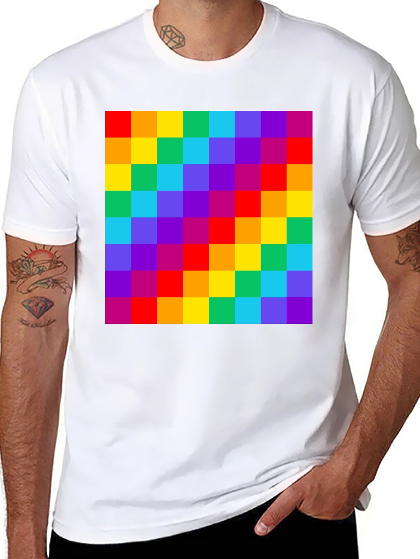 Rainbow Grid Graphic Tee - Vibrant Checkered Pattern