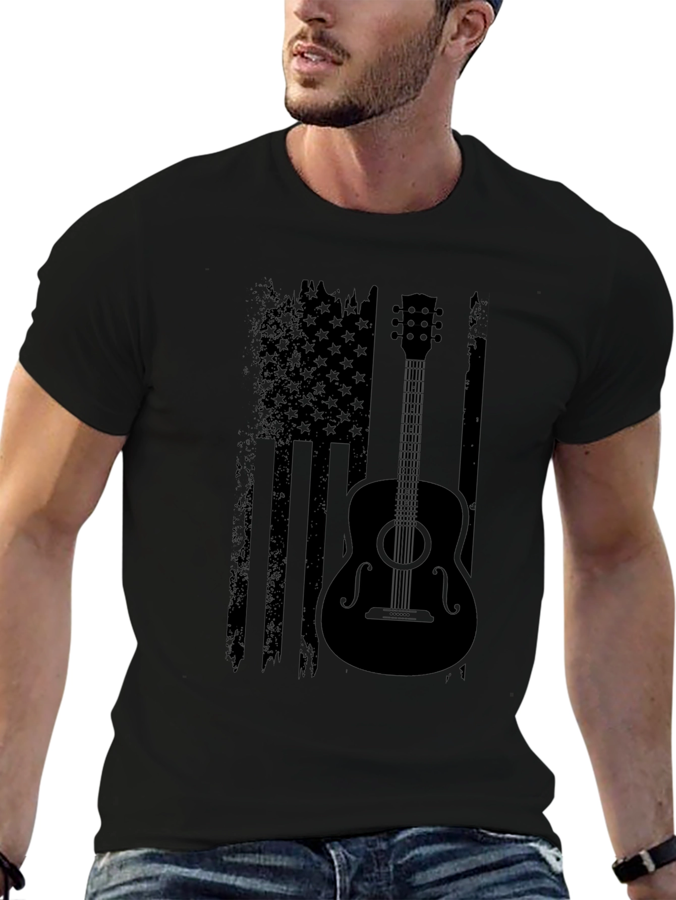 American Flag Guitar T-Shirt - Black