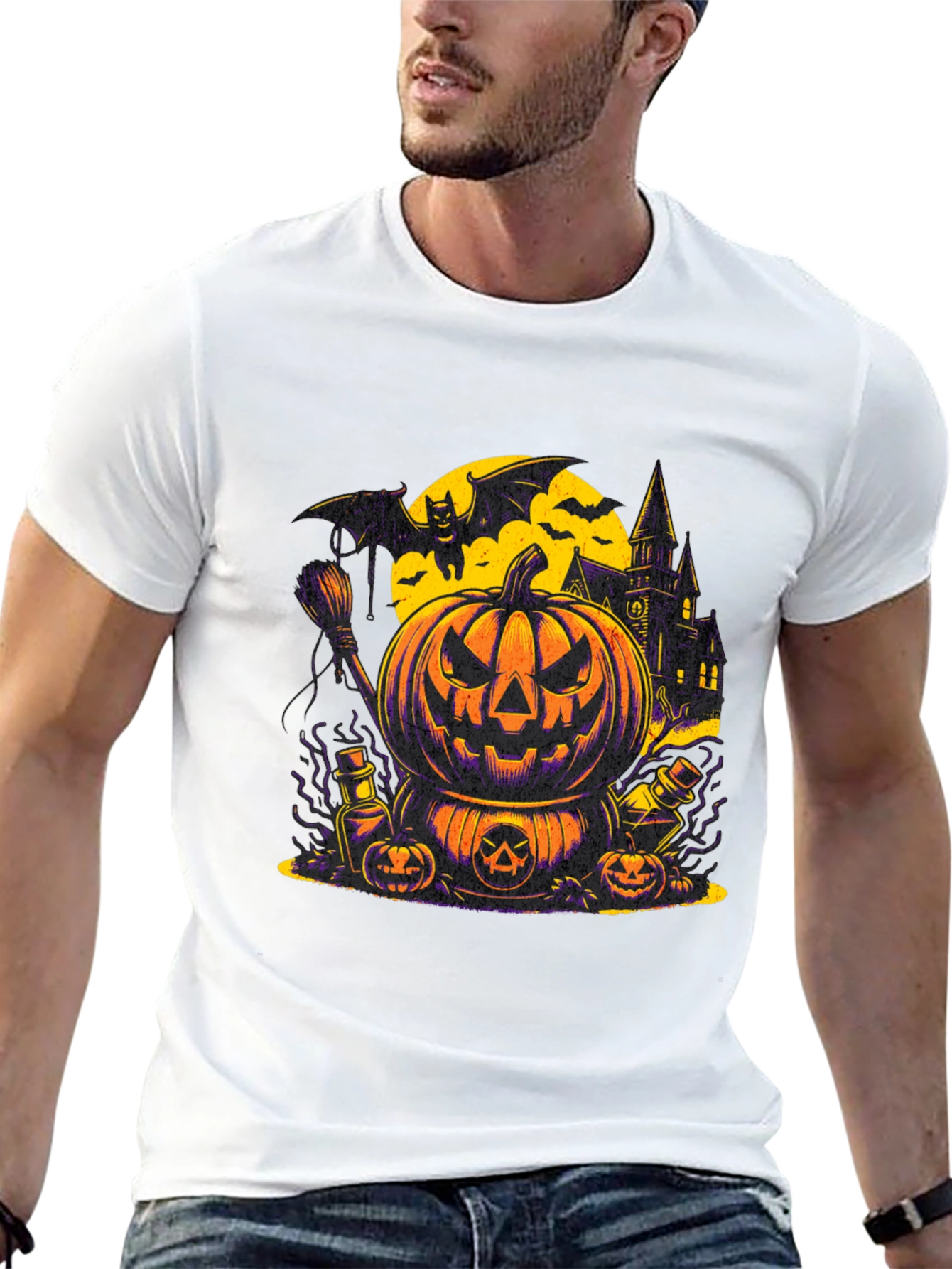 Halloween Pumpkin & Bat Graphic T-Shirt