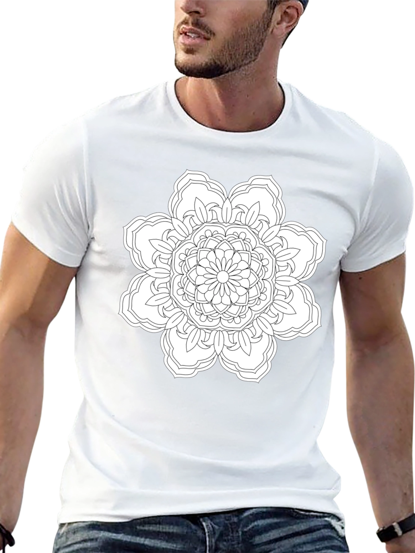 Black T-Shirt with White Floral Mandala Design