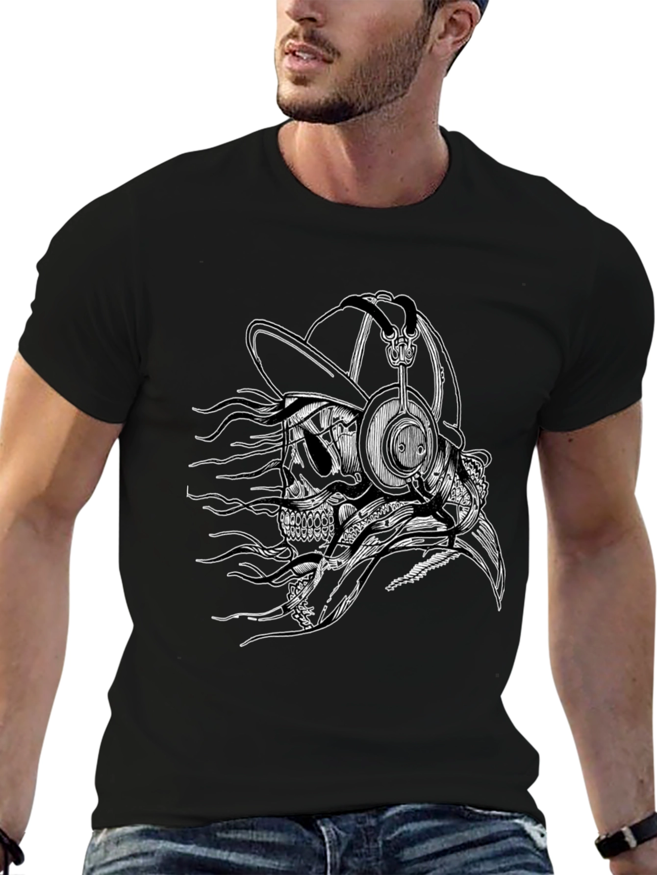 Skull with Headphones Graphic Tee - Black