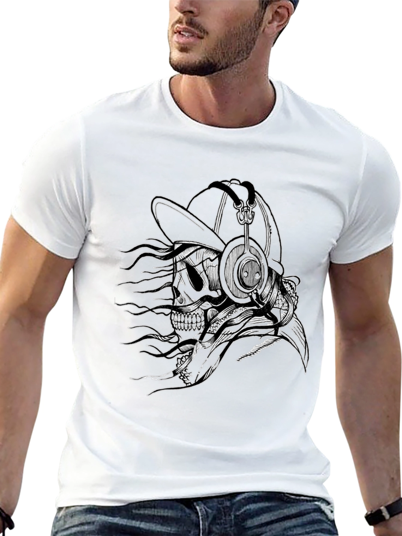 Skull with Headphones Graphic Tee - Black