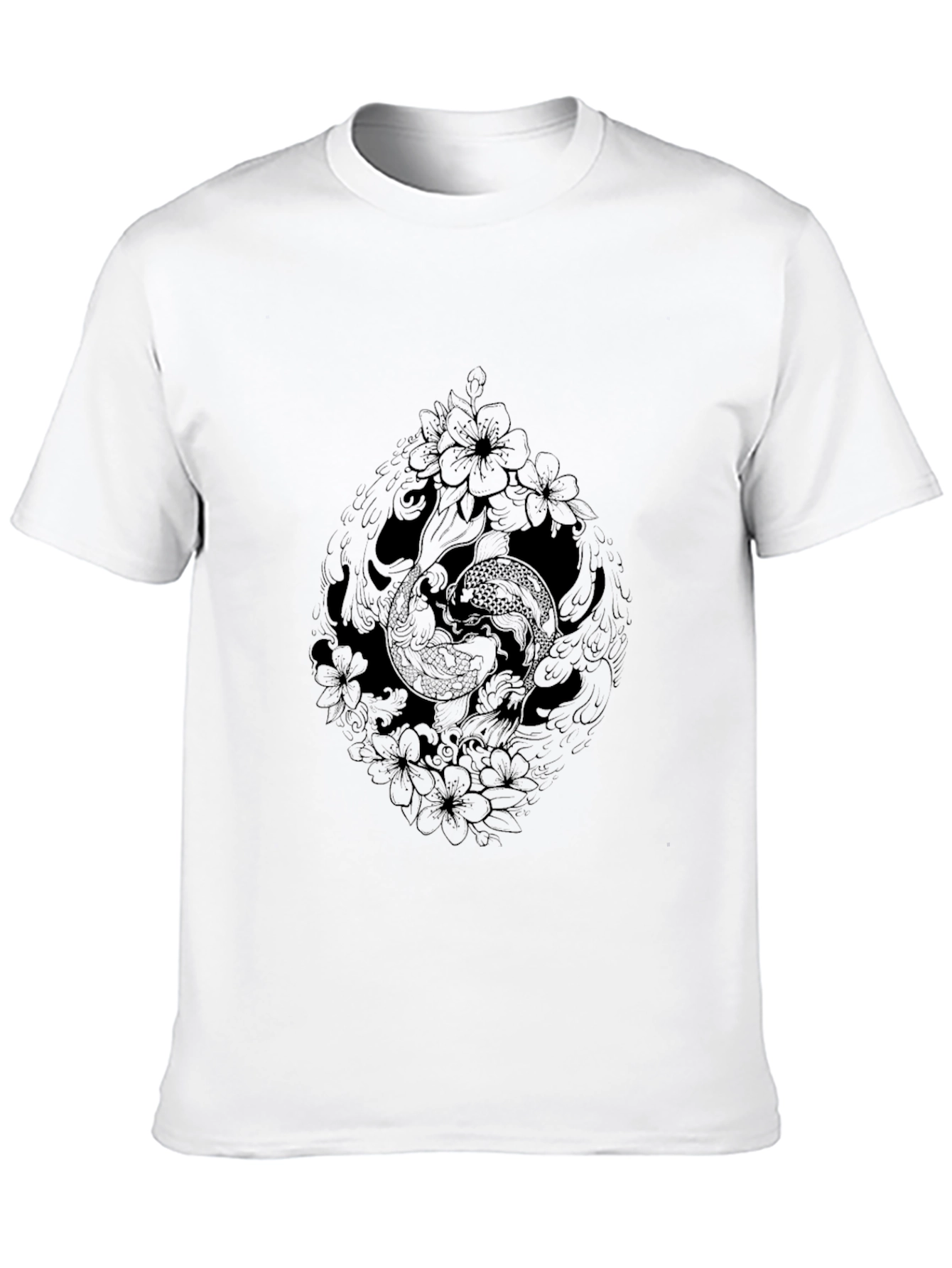 Black Koi Fish Floral Graphic Tee