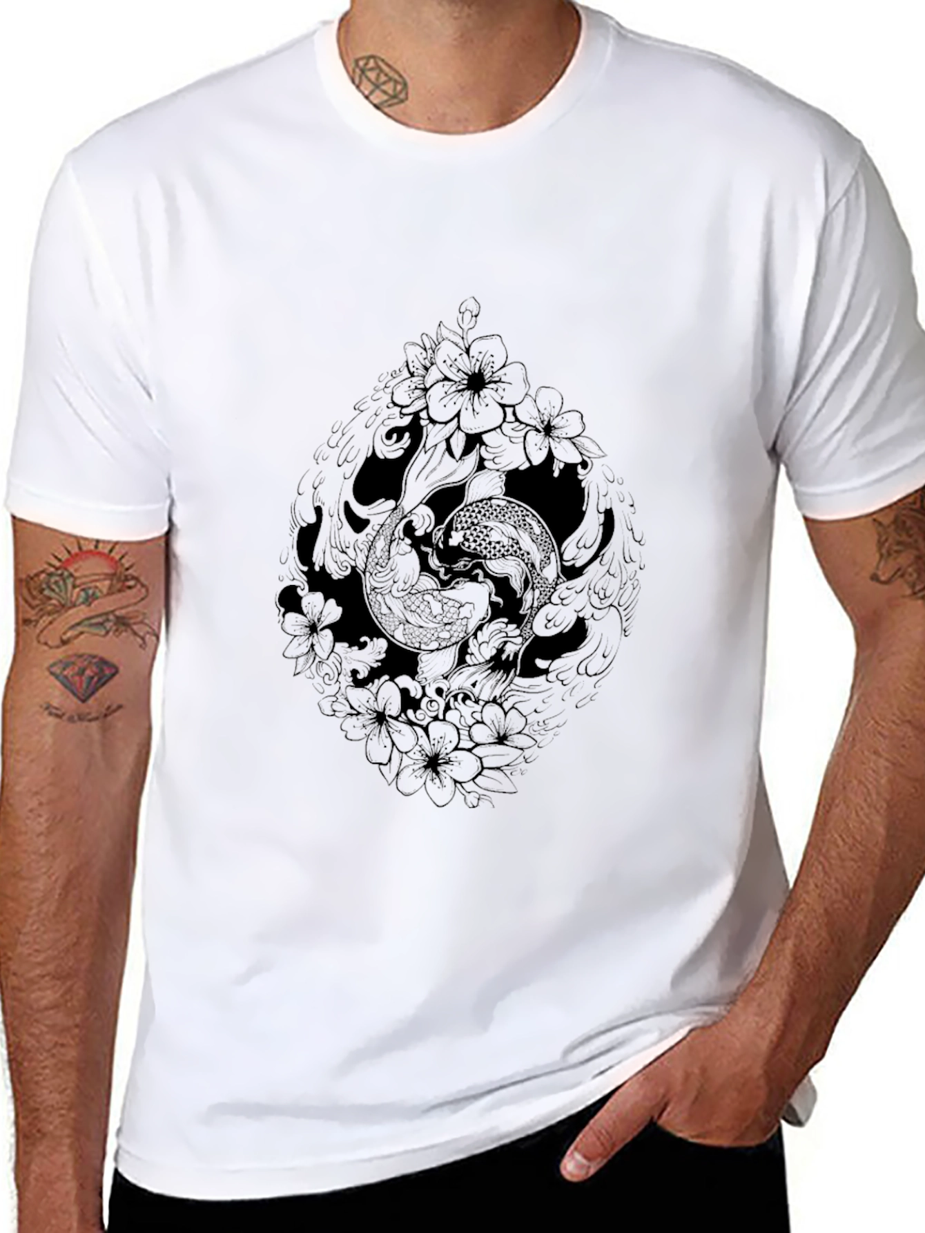 Black Koi Fish Floral Graphic Tee