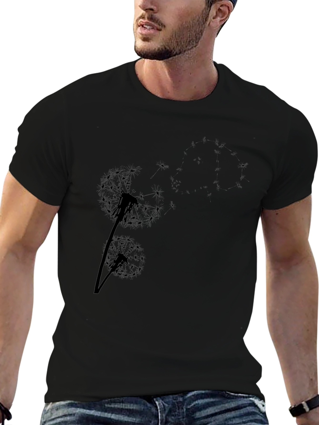 Dandelion Print Black T-Shirt - Casual Comfort