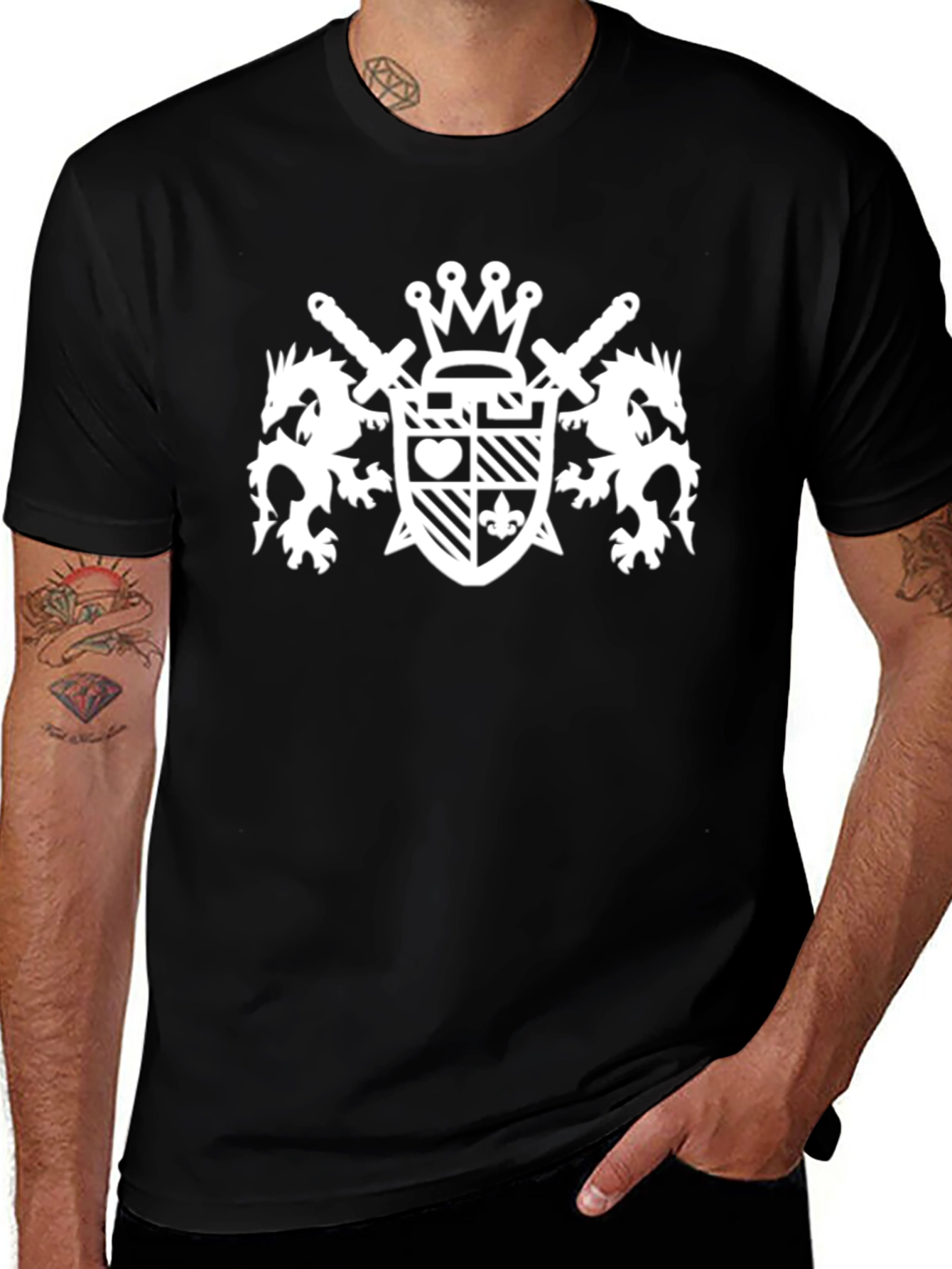 Black T-Shirt with White Crest Graphic