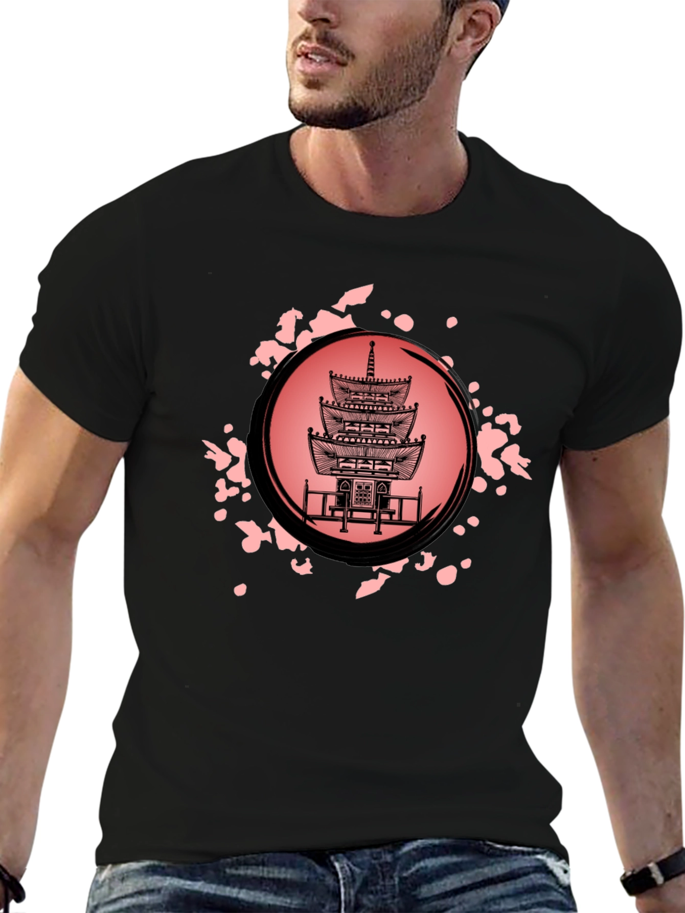 Pagoda Print Black T-Shirt for Men