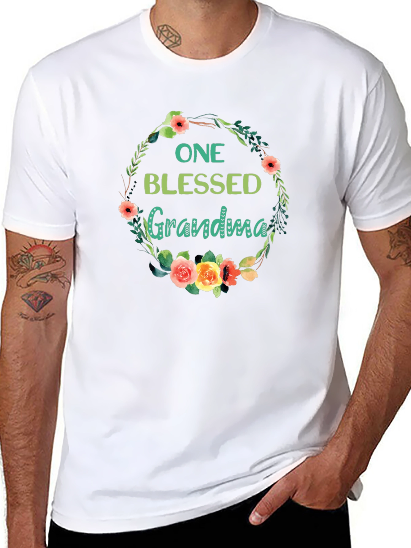 Blessed Grandma Floral Wreath Black T-Shirt